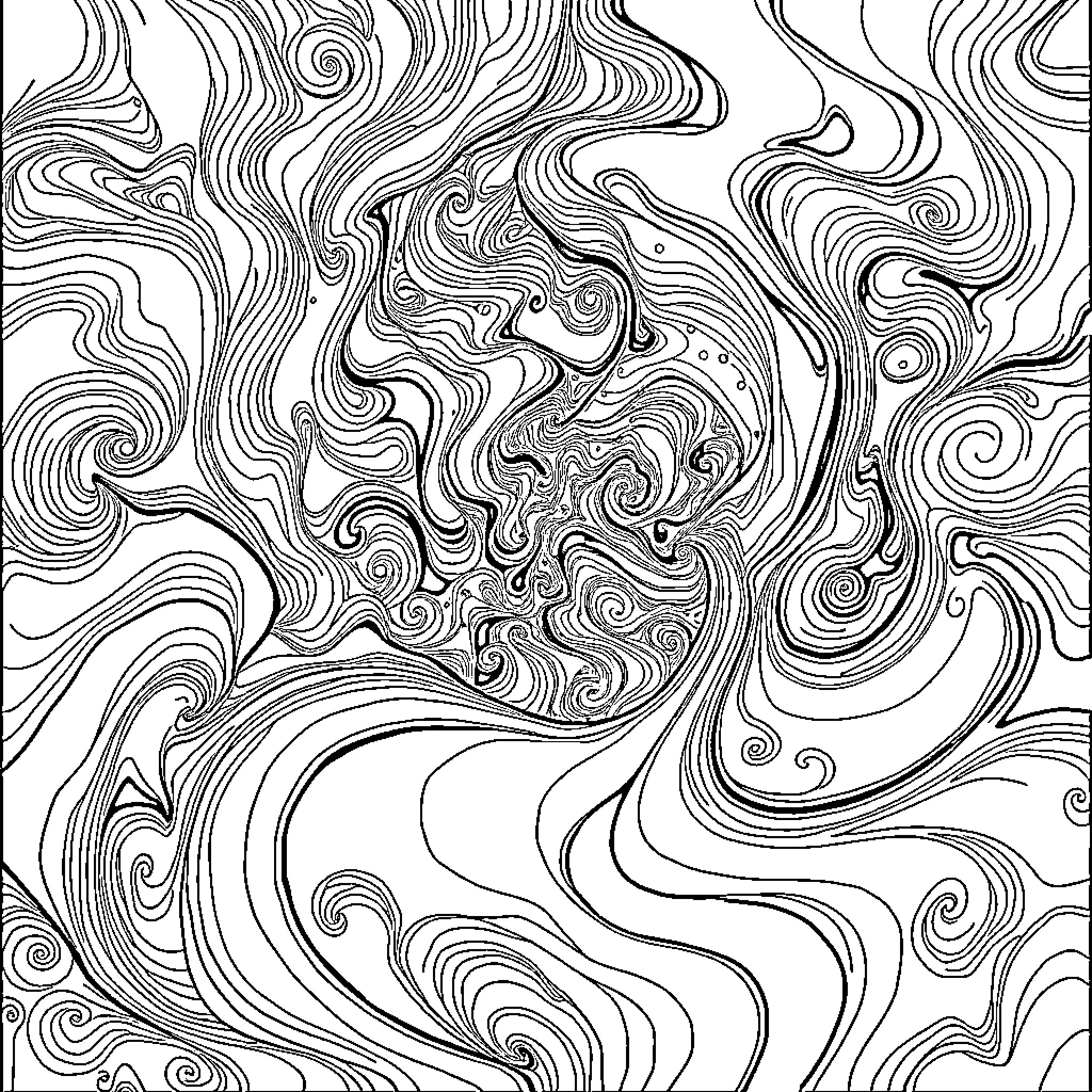 Psychedelic Swirling Patterns and Curves Coloring Page (free black-and-white line drawing printable PDF for all, from beginners to advanced learners, including children, teens, adults, and seniors)