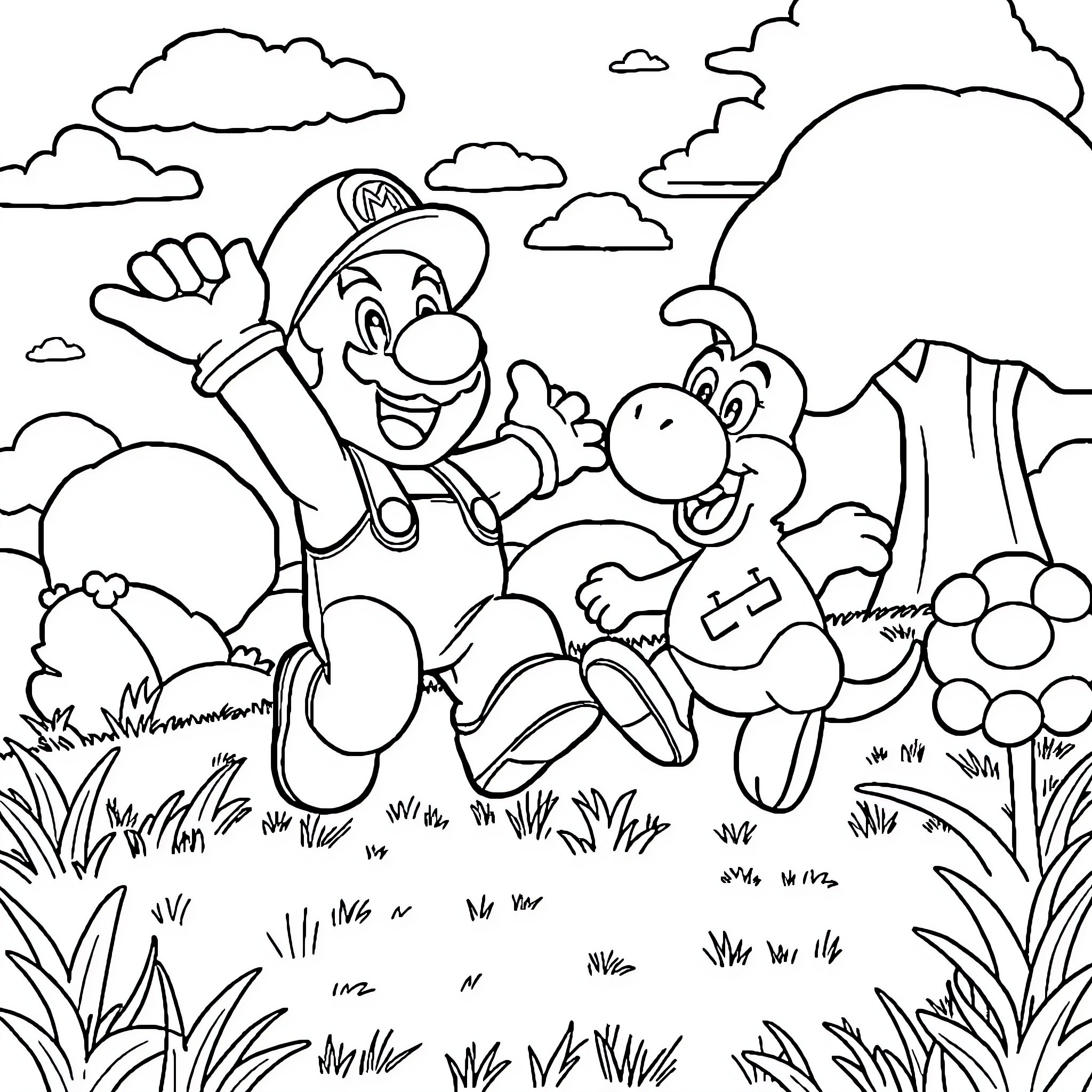 Super Mario and Yoshi Explore the Colorful Landscape Coloring Page (free black-and-white line drawing printable PDF for all, from beginners to advanced learners, including children, teens, adults, and seniors)