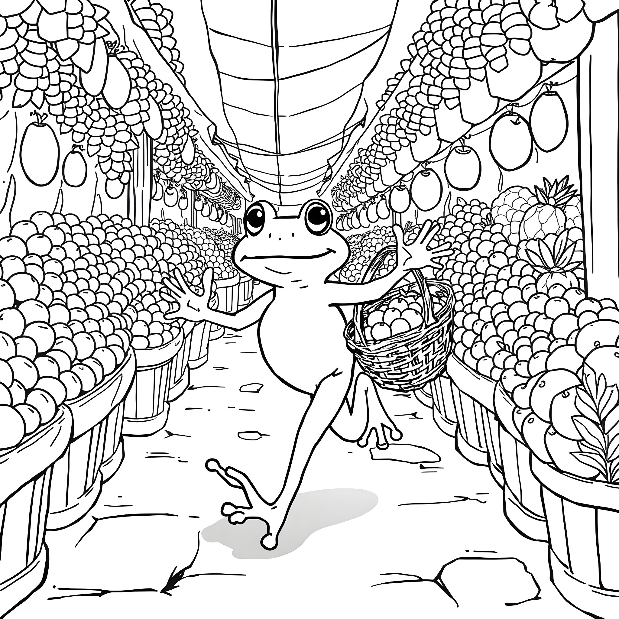 Frog carrying a basket in a whimsical garden Coloring Page (free black-and-white line drawing printable PDF for all, from beginners to advanced learners, including children, teens, adults, and seniors)