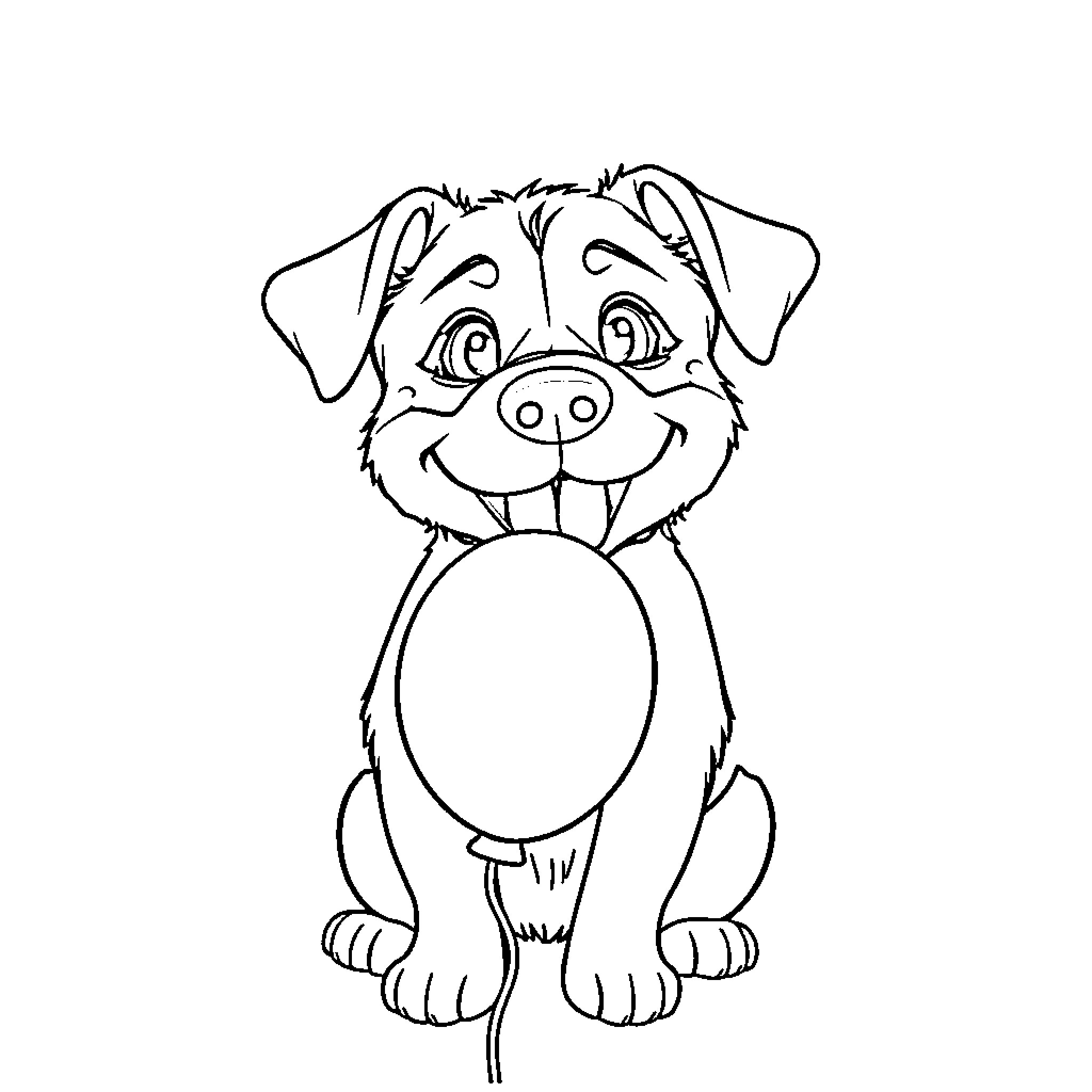 Dog sitting happily with a big smile Coloring Page (free black-and-white line drawing printable PDF for all, from beginners to advanced learners, including children, teens, adults, and seniors)