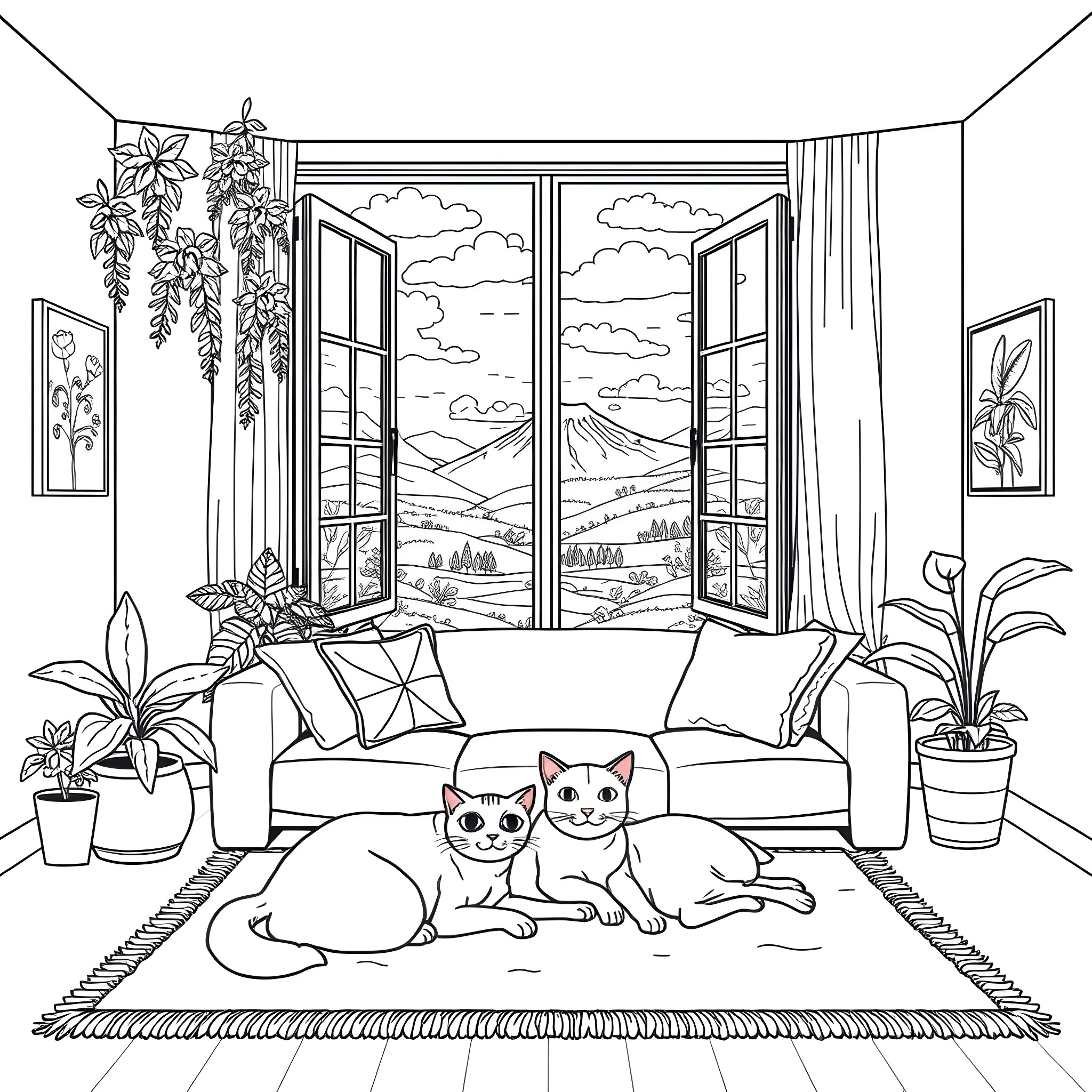 Cat and Dog Relaxing in Cozy Home Coloring Page (free black-and-white line drawing printable PDF for all, from beginners to advanced learners, including children, teens, adults, and seniors)