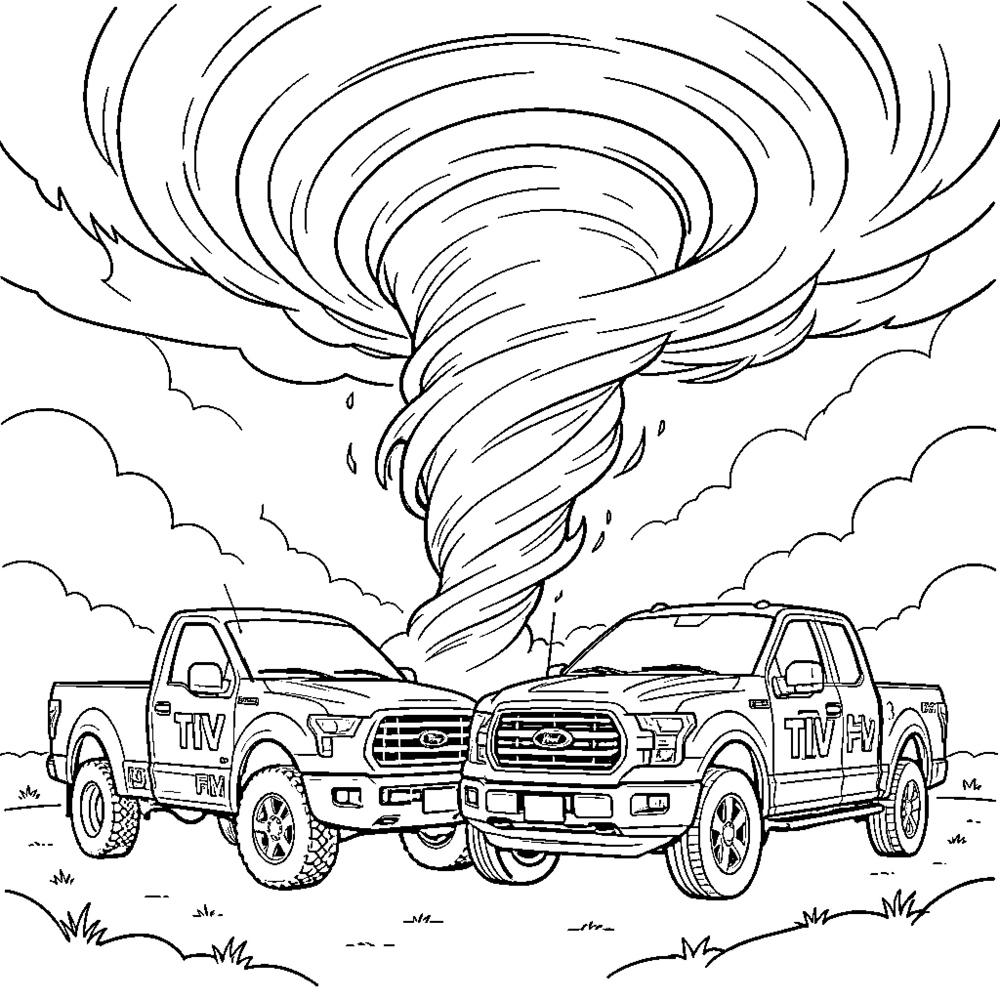 Tornado swirling powerfully behind two parked trucks Coloring Page (free black-and-white line drawing printable PDF for all, from beginners to advanced learners, including children, teens, adults, and seniors)