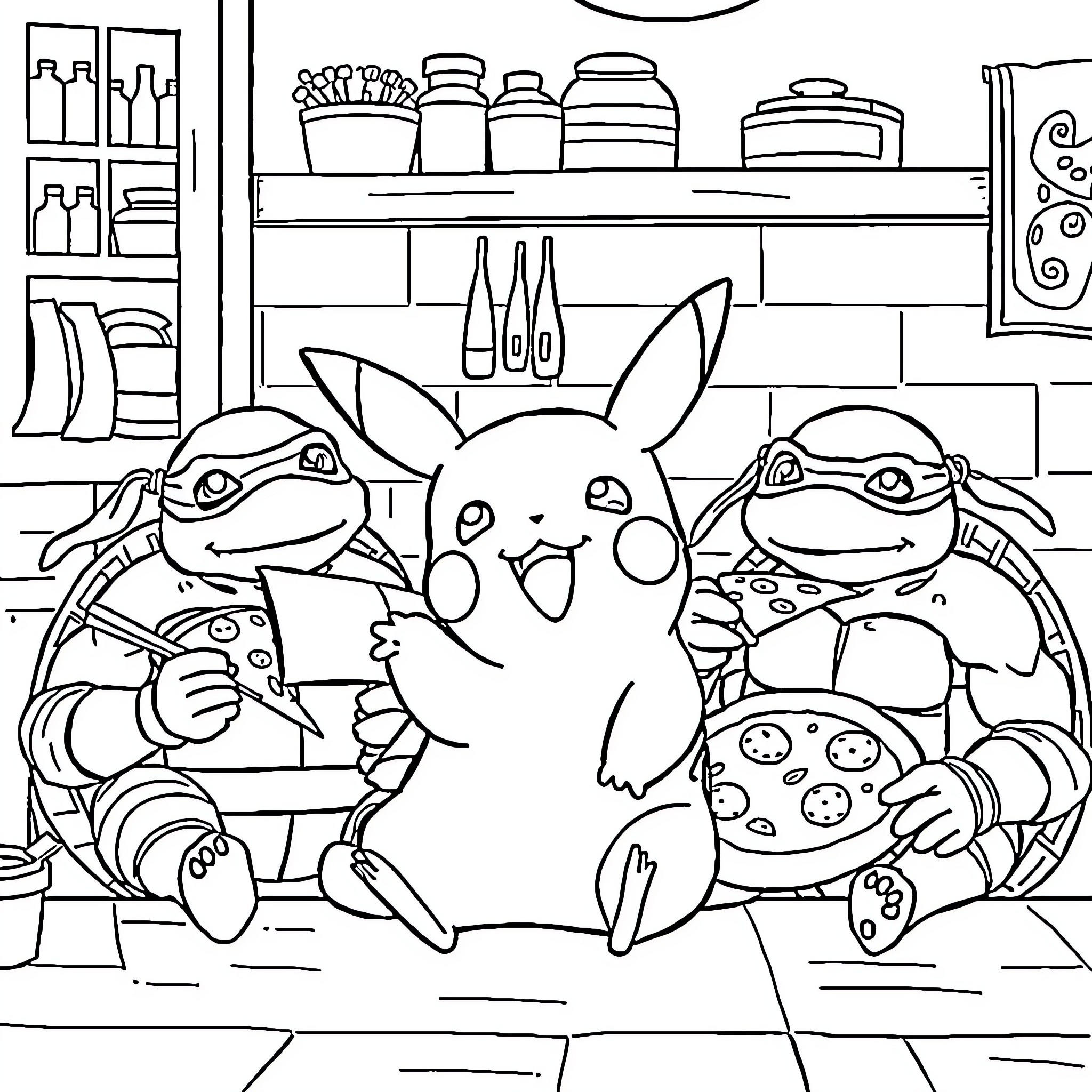 Pikachu and friends explore a cozy kitchen Coloring Page (free black-and-white line drawing printable PDF for all, from beginners to advanced learners, including children, teens, adults, and seniors)