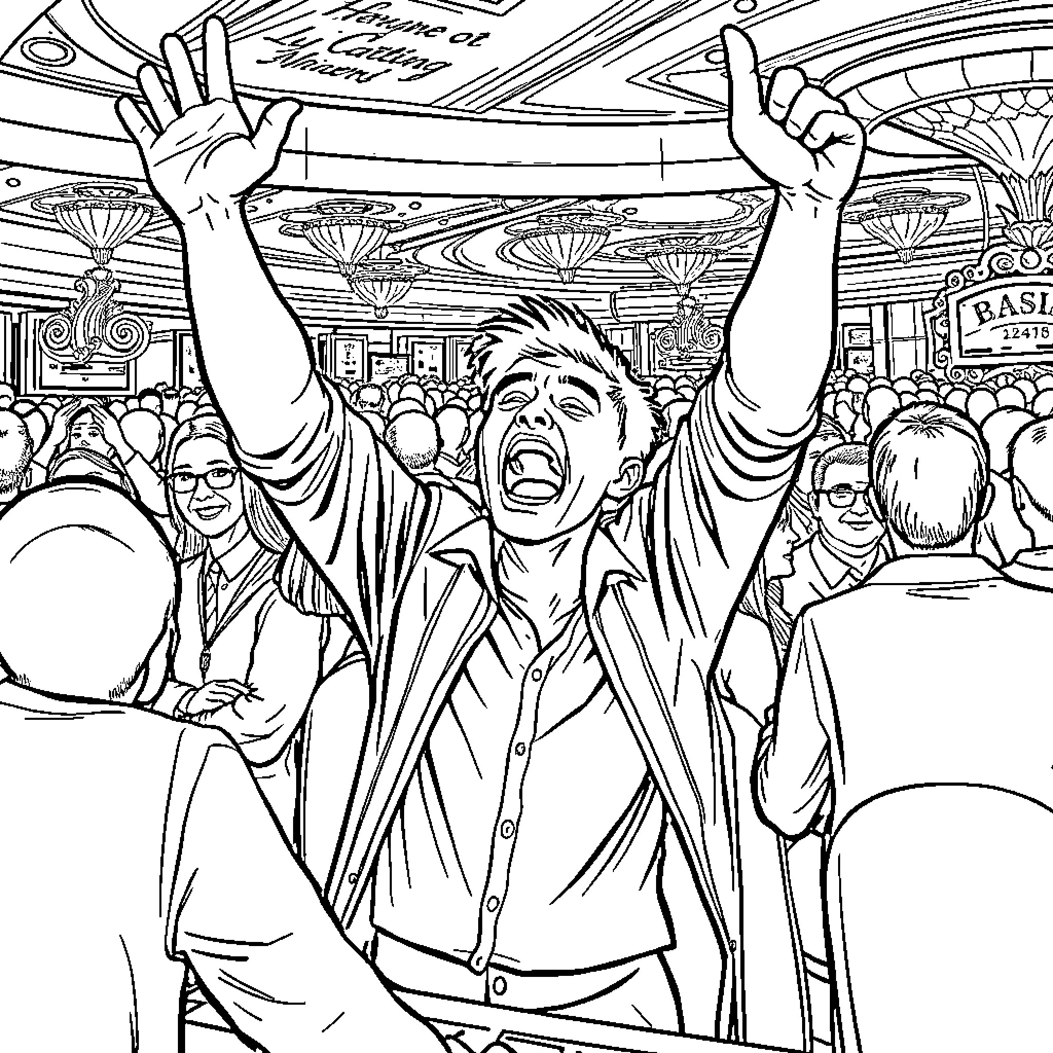 Bet Celebration of Victory in the Crowd Coloring Page (free black-and-white line drawing printable PDF for all, from beginners to advanced learners, including children, teens, adults, and seniors)