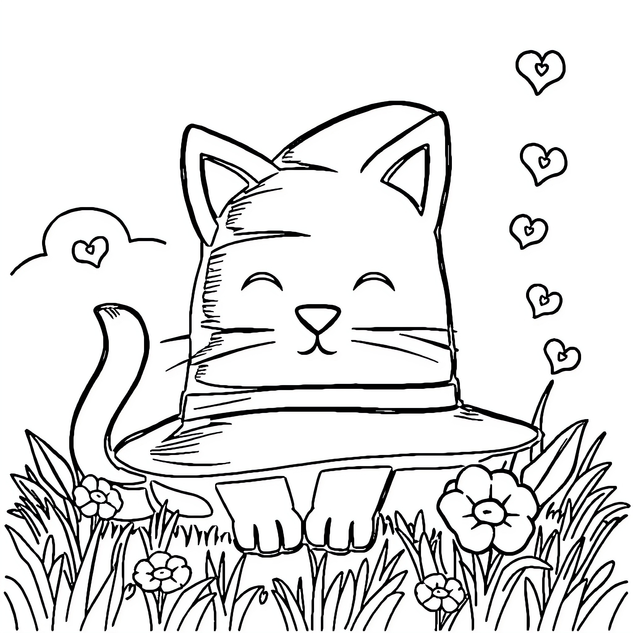 Image of a cat in a hat surrounded by flowers and hearts Coloring Page (free black-and-white line drawing printable PDF for all, from beginners to advanced learners, including children, teens, adults, and seniors)