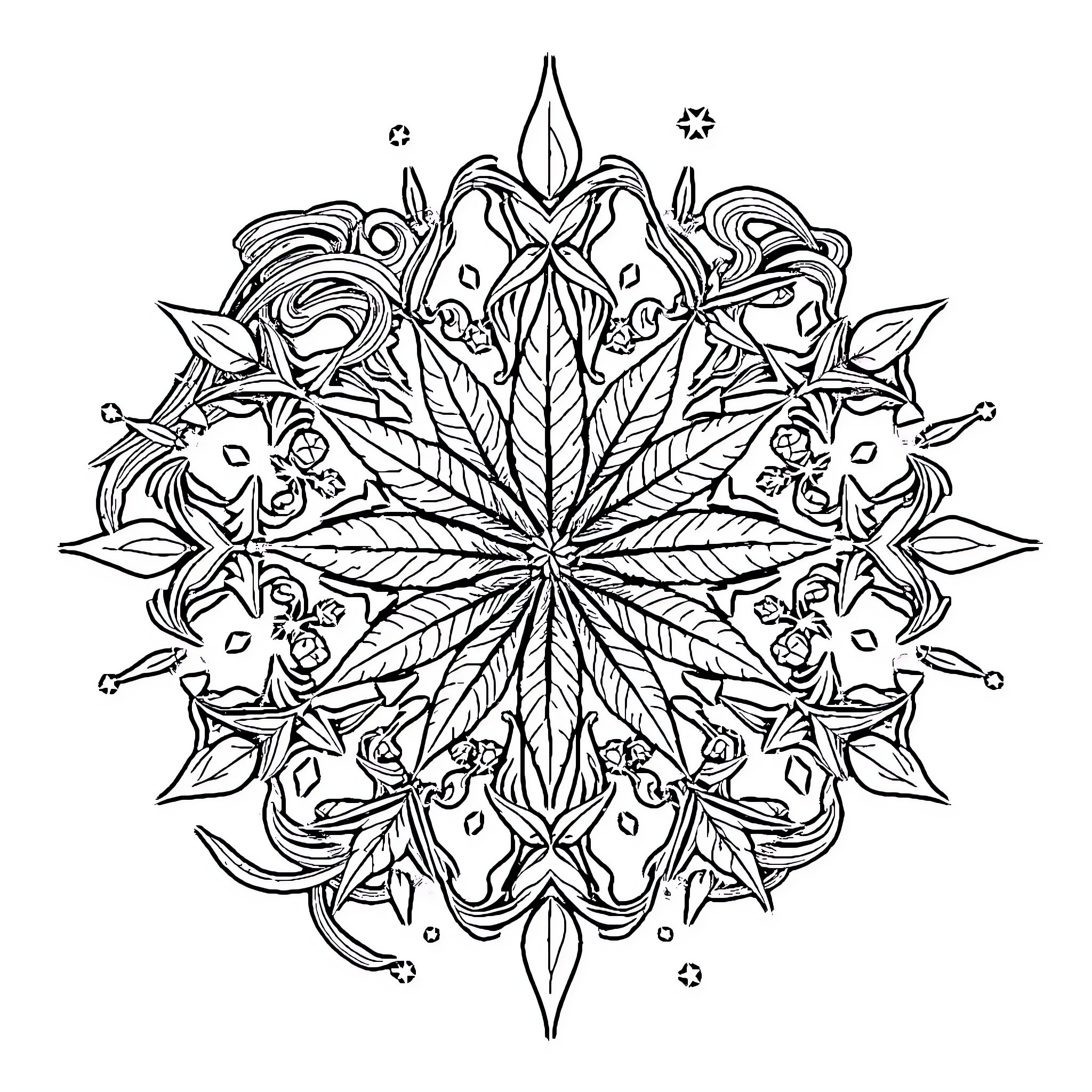 Mandala of Intricate Floral Patterns and Geometric Shapes Coloring Page (free black-and-white line drawing printable PDF for all, from beginners to advanced learners, including children, teens, adults, and seniors)