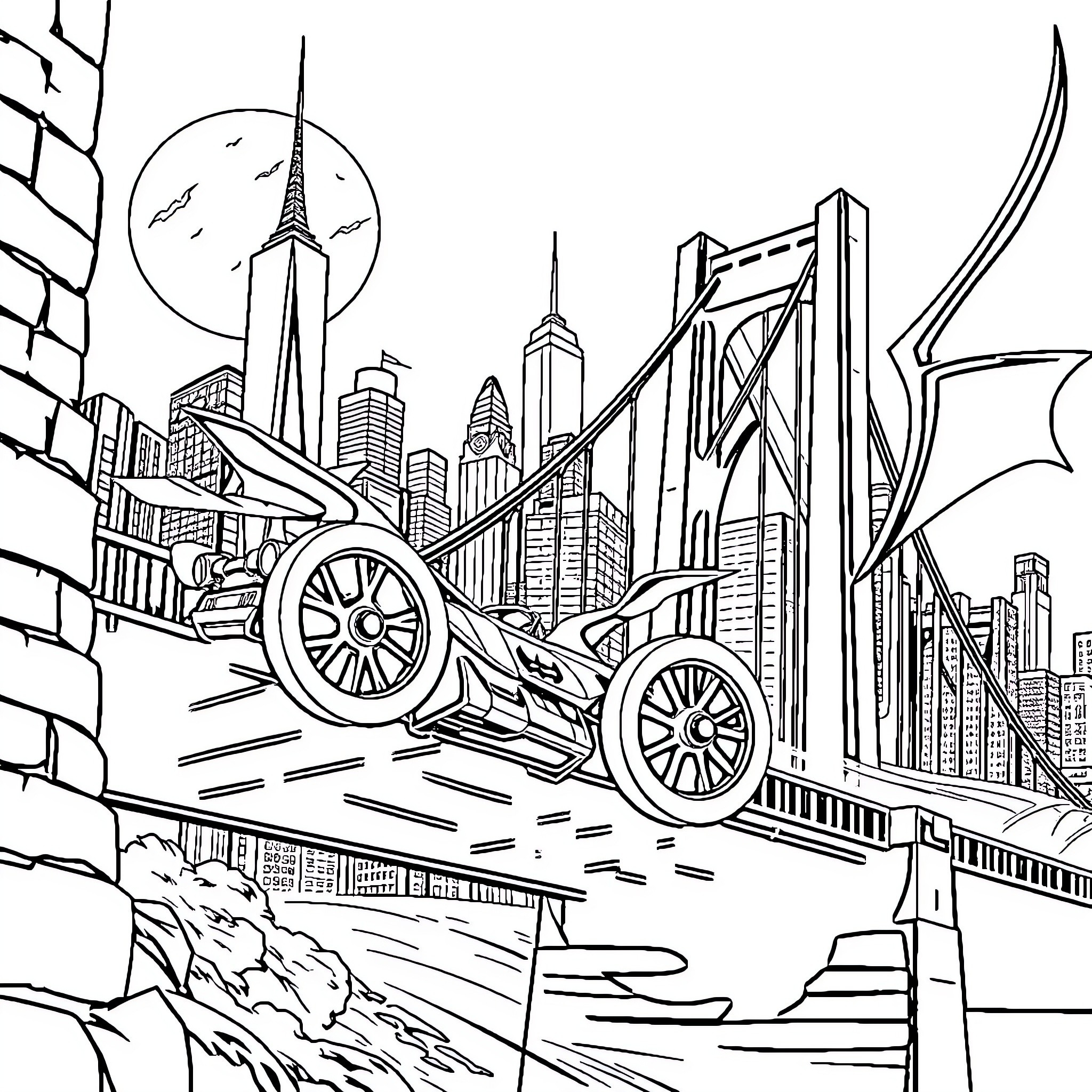 Batwheels racing through the city skyline Coloring Page (free black-and-white line drawing printable PDF for all, from beginners to advanced learners, including children, teens, adults, and seniors)
