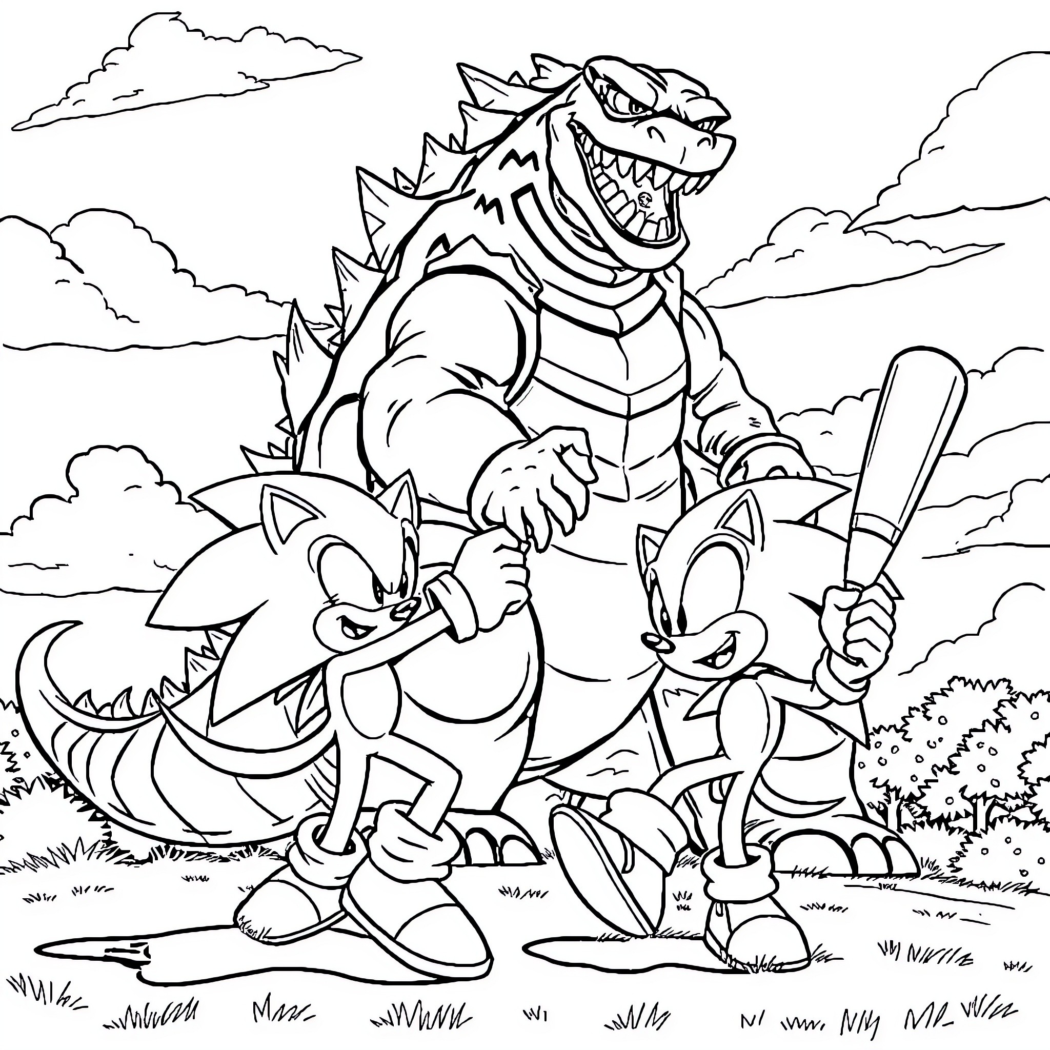 Sonic characters battle against a monstrous foe Coloring Page (free black-and-white line drawing printable PDF for all, from beginners to advanced learners, including children, teens, adults, and seniors)