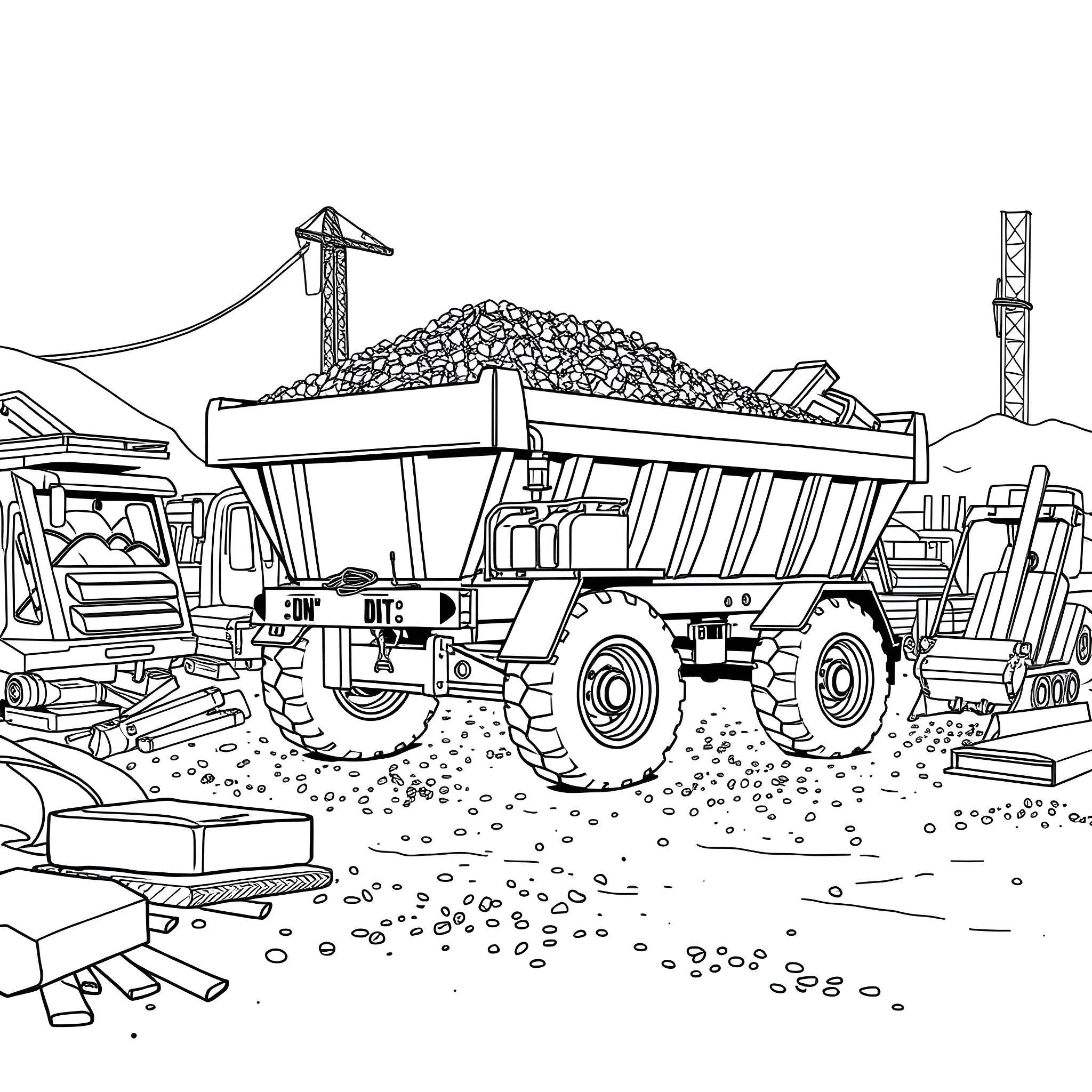 Dump Trailer Transporting Construction Debris on Site Coloring Page (free black-and-white line drawing printable PDF for all, from beginners to advanced learners, including children, teens, adults, and seniors)