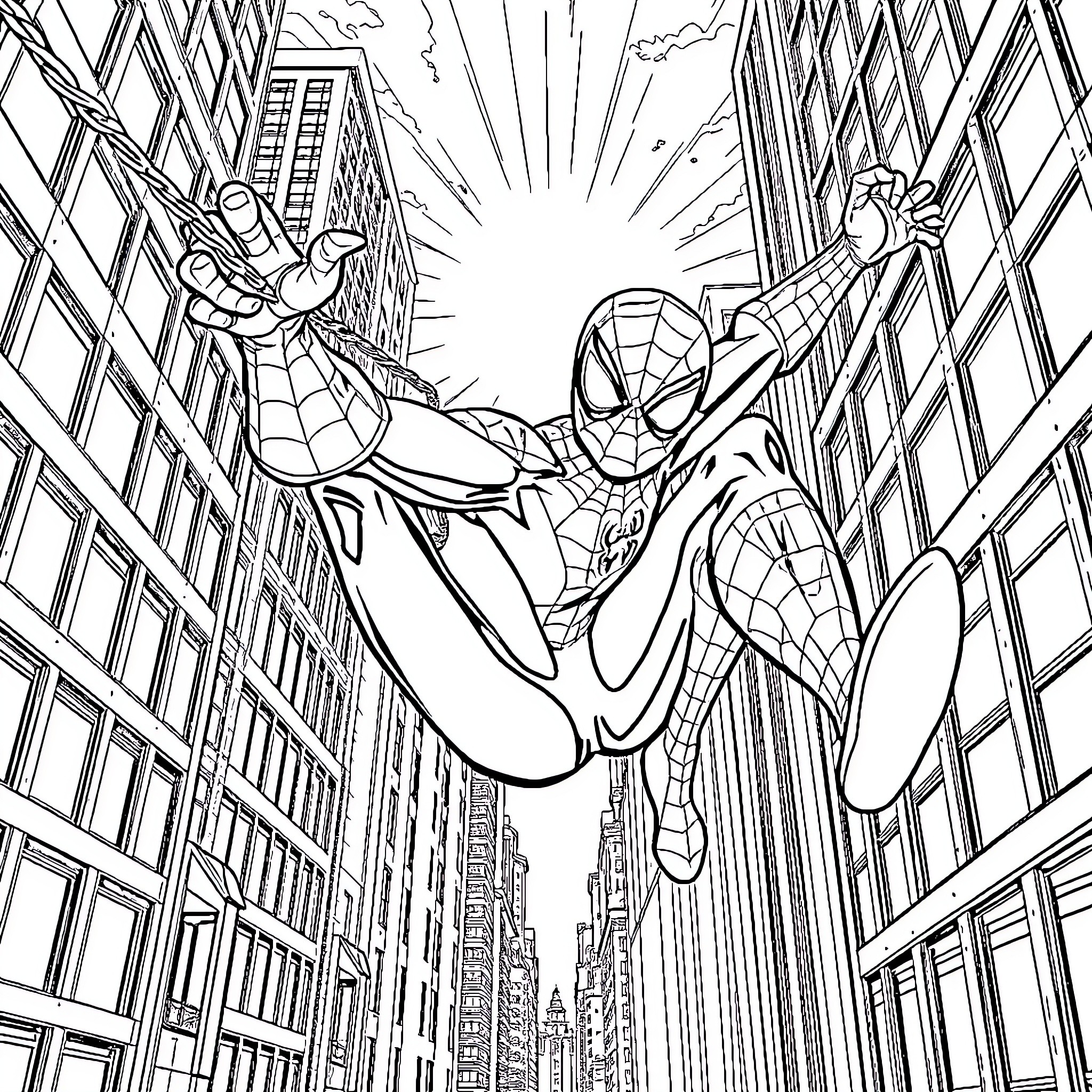 Spiderman swinging through the city skyline Coloring Page (free black-and-white line drawing printable PDF for all, from beginners to advanced learners, including children, teens, adults, and seniors)