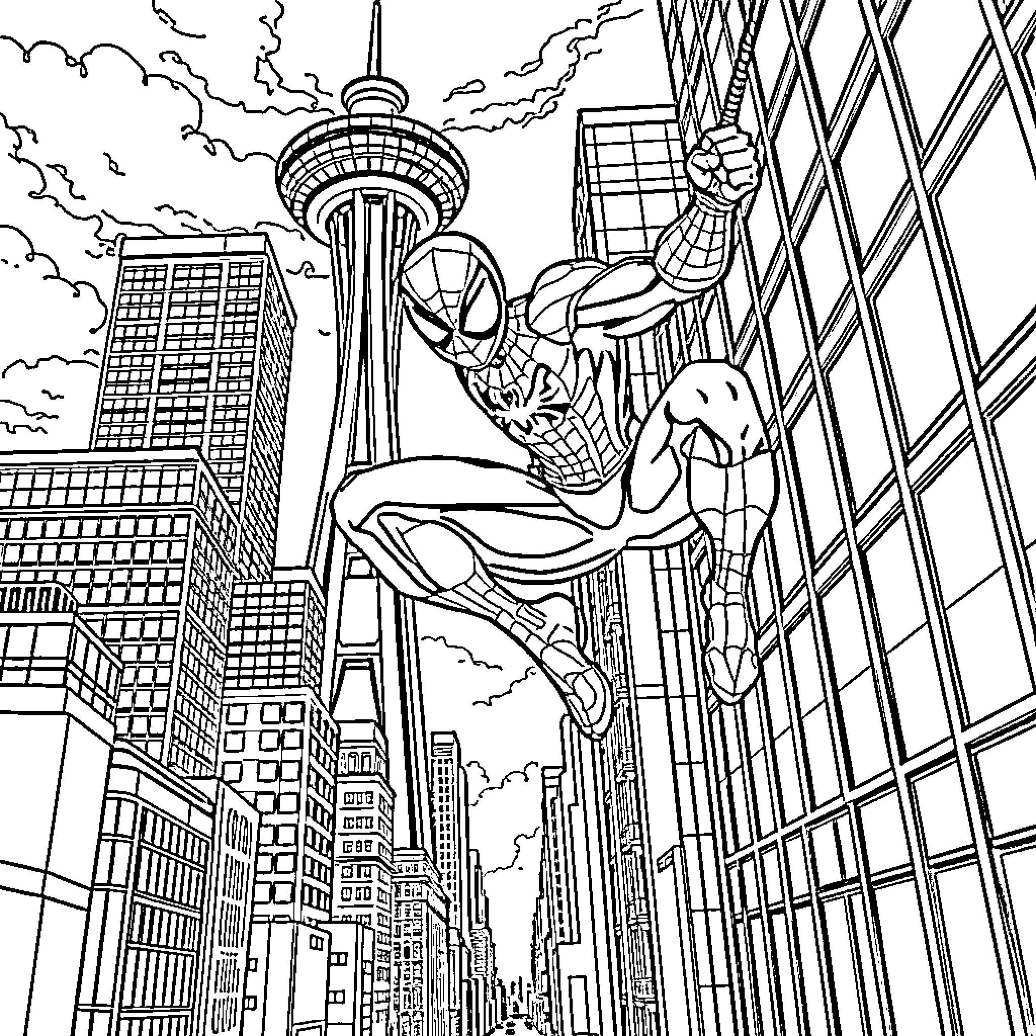 Spiderman swinging through the city skyline Coloring Page (free black-and-white line drawing printable PDF for all, from beginners to advanced learners, including children, teens, adults, and seniors)