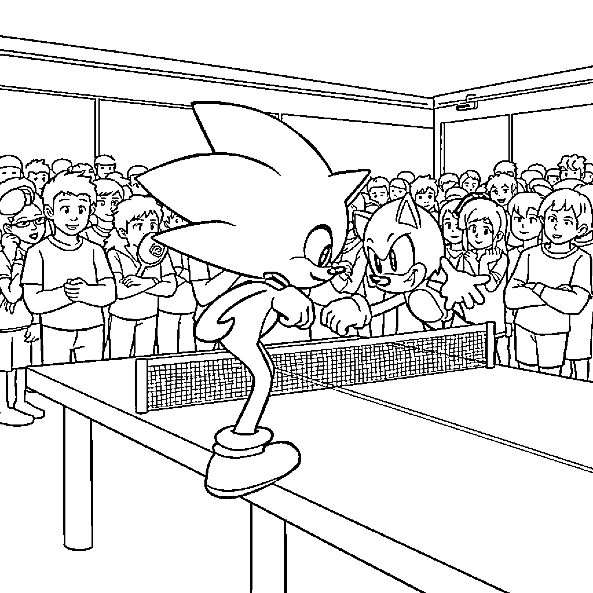 Sonic playing an intense table tennis match Coloring Page (free black-and-white line drawing printable PDF for all, from beginners to advanced learners, including children, teens, adults, and seniors)
