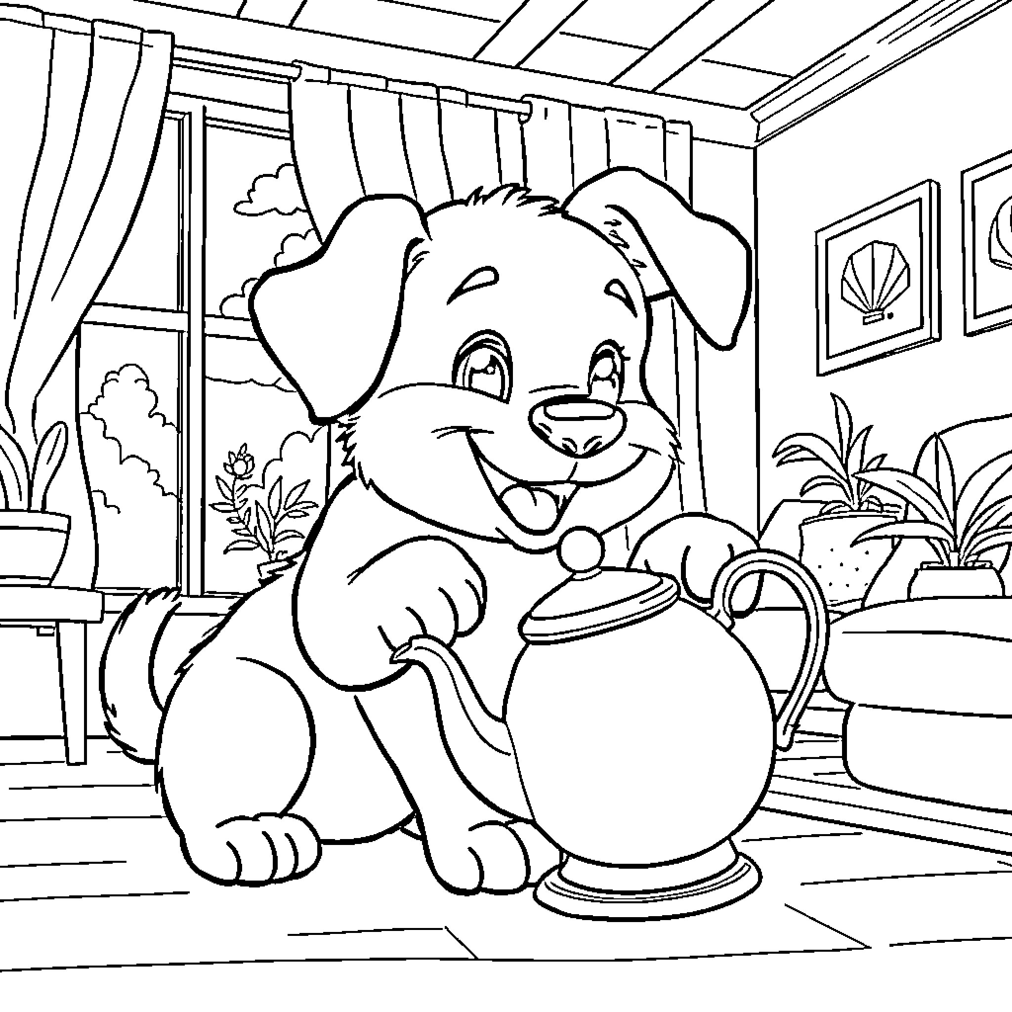 Bluey the Puppy's Fun Day at Home Coloring Page (free black-and-white line drawing printable PDF for all, from beginners to advanced learners, including children, teens, adults, and seniors)