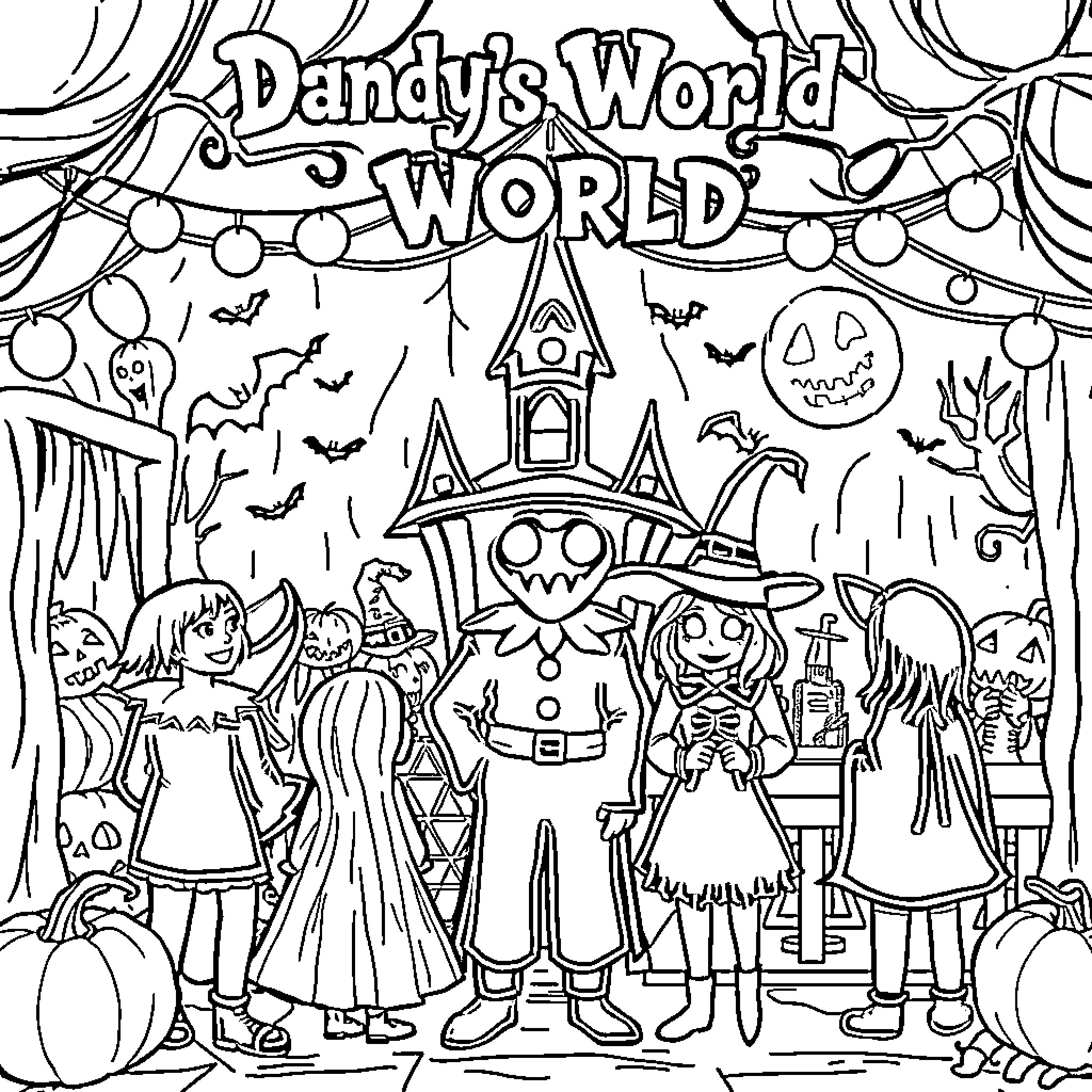 Dandy's Whimsical Halloween Celebration Coloring Page (free black-and-white line drawing printable PDF for all, from beginners to advanced learners, including children, teens, adults, and seniors)