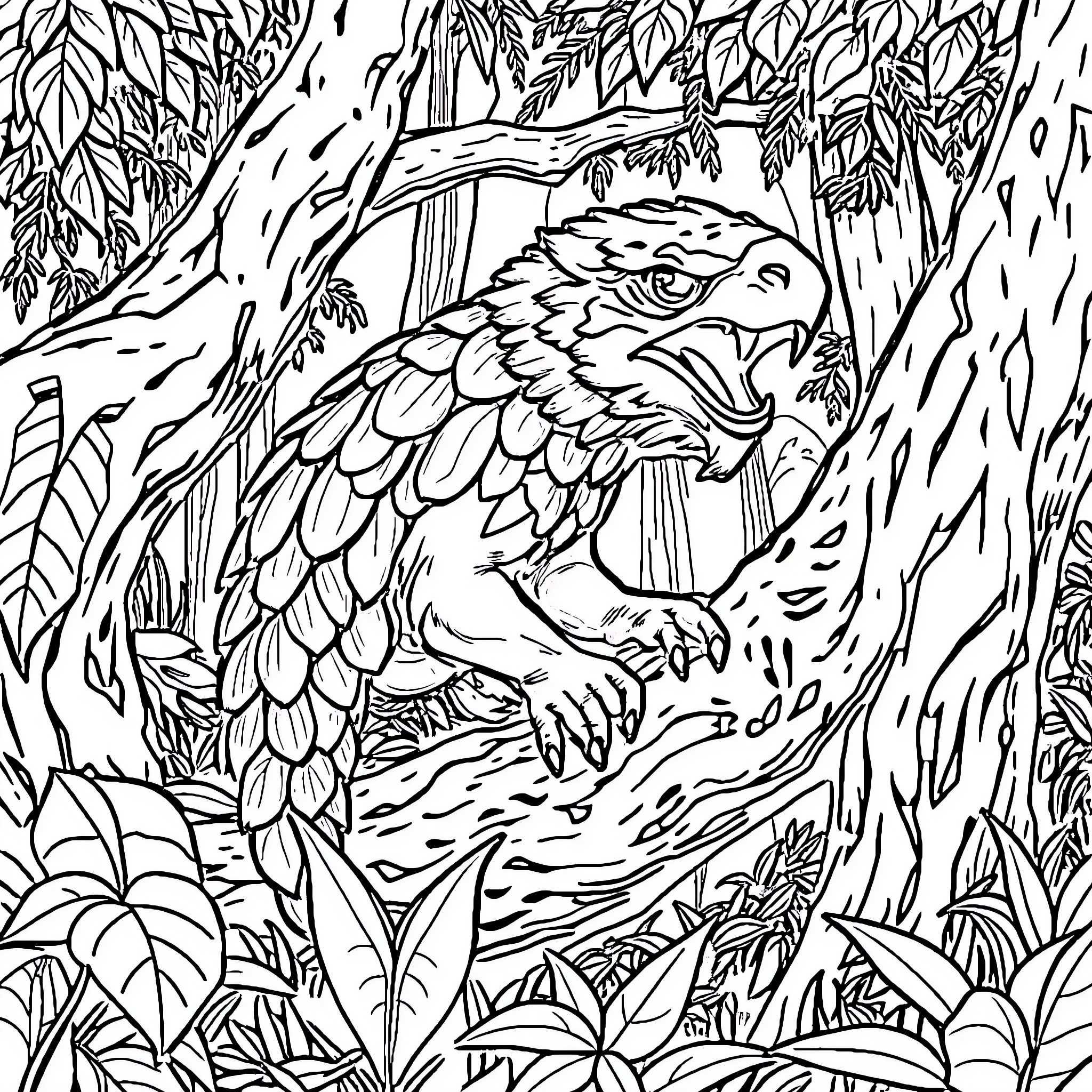 Animal resting in the dense jungle Coloring Page (free black-and-white line drawing printable PDF for all, from beginners to advanced learners, including children, teens, adults, and seniors)