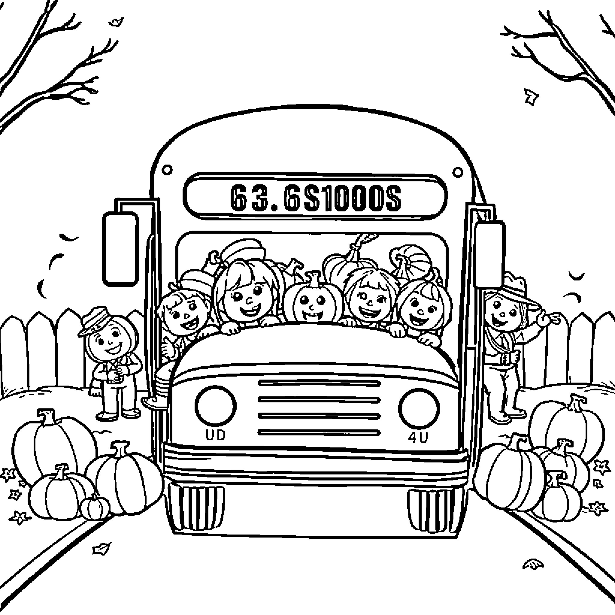 Pumpkin-themed school bus with happy children Coloring Page (free black-and-white line drawing printable PDF for all, from beginners to advanced learners, including children, teens, adults, and seniors)