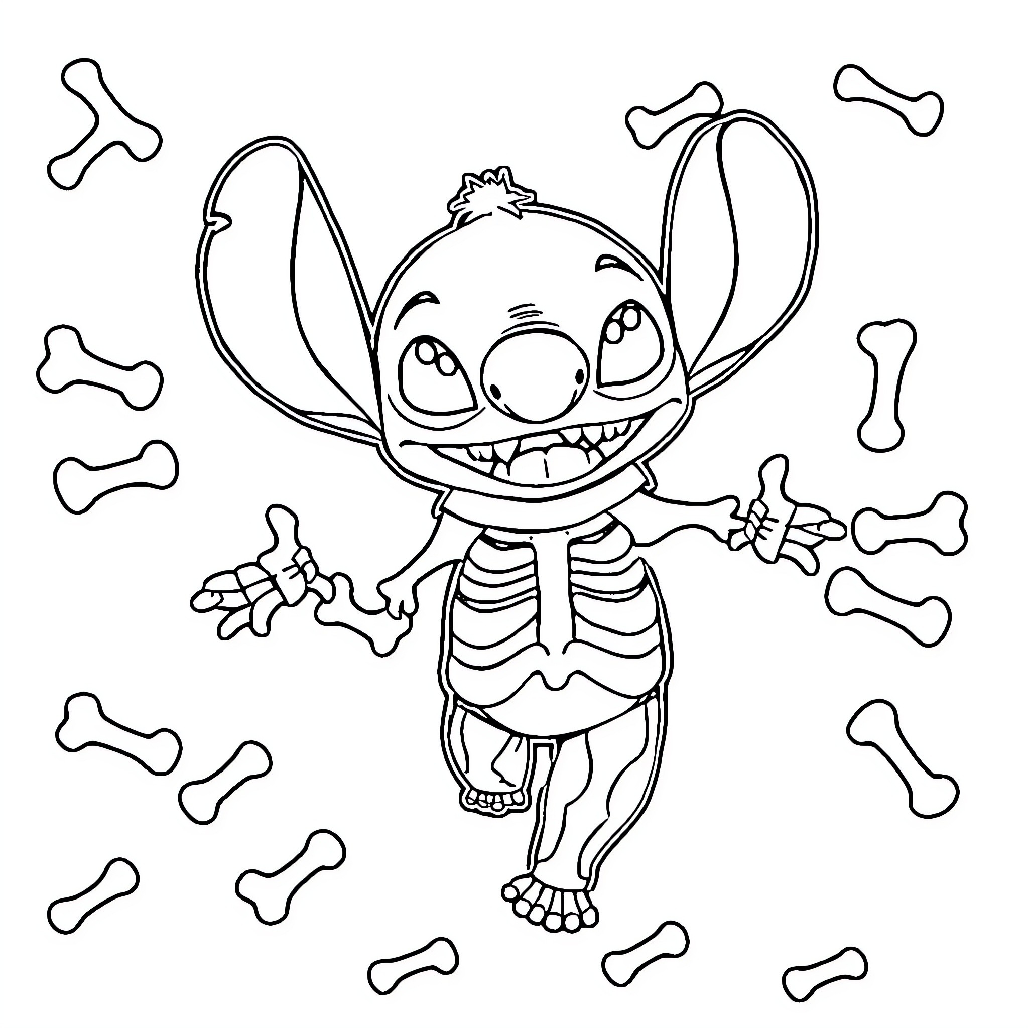 Stitch playing with bones in a silly manner Coloring Page (free black-and-white line drawing printable PDF for all, from beginners to advanced learners, including children, teens, adults, and seniors)
