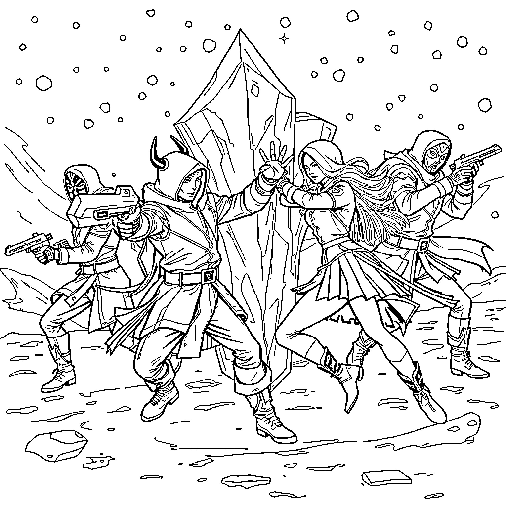 Kpop Demon Hunter: Fearless Heroes in Action Coloring Page (free black-and-white line drawing printable PDF for all, from beginners to advanced learners, including children, teens, adults, and seniors)