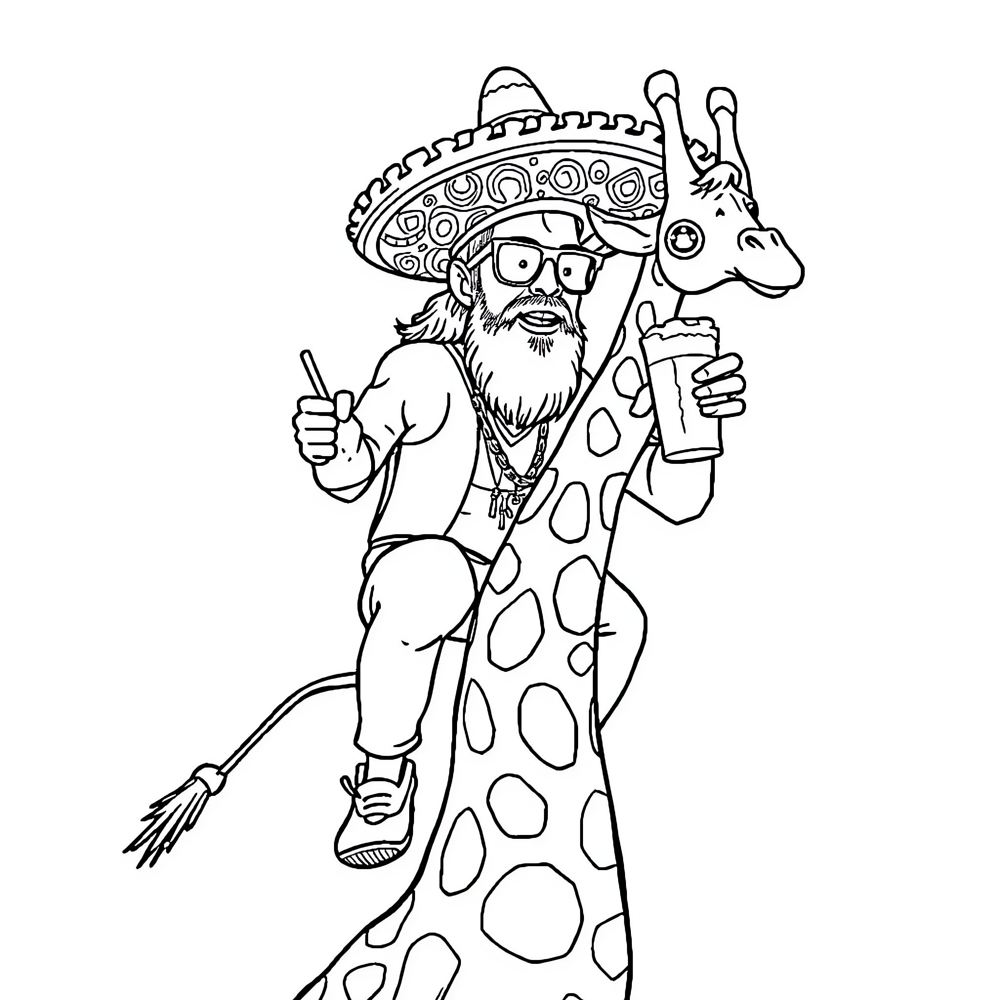 Jirafa man with sombrero riding a spotted giraffe Coloring Page (free black-and-white line drawing printable PDF for all, from beginners to advanced learners, including children, teens, adults, and seniors)