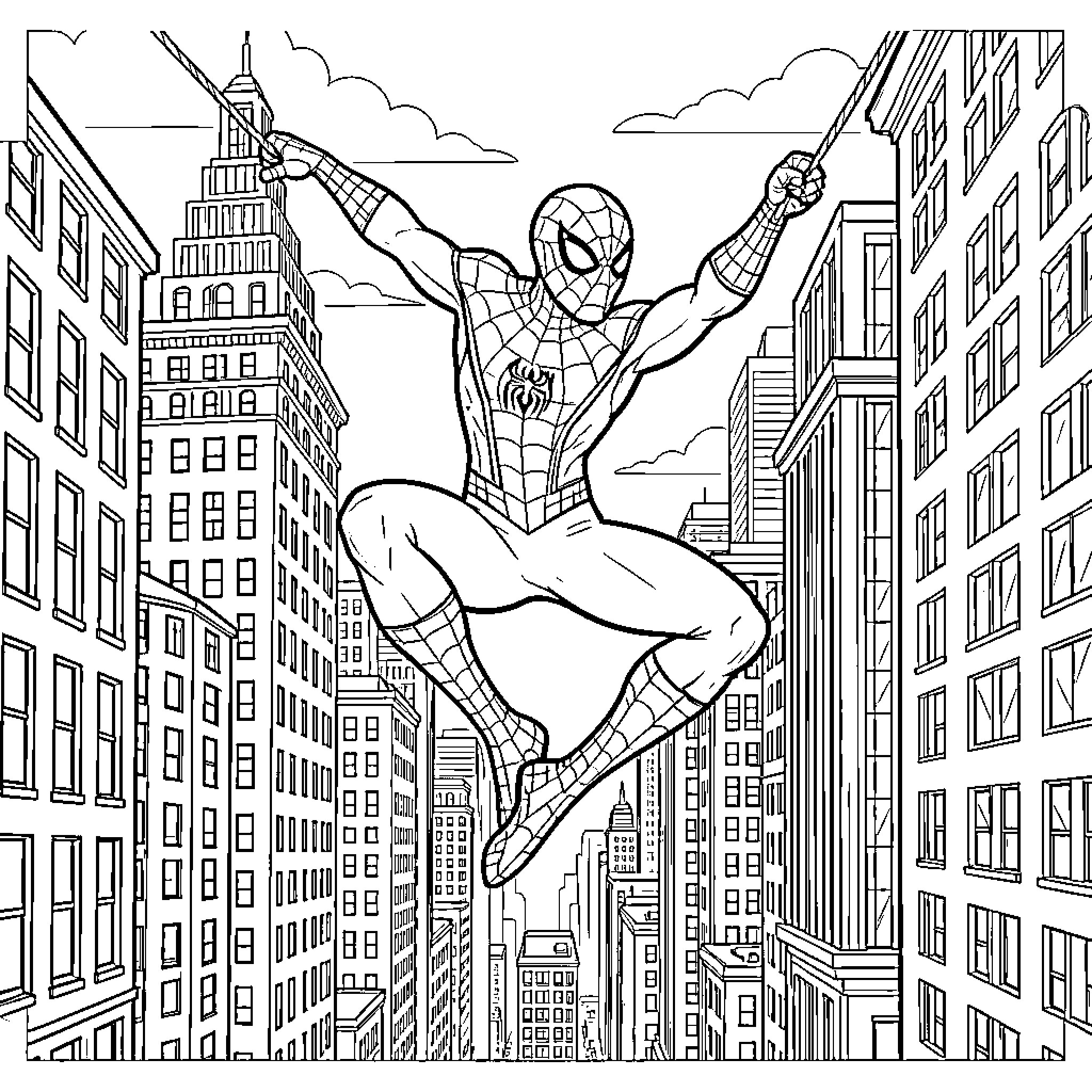 Spiderman swinging through the city skyscrapers Coloring Page (free black-and-white line drawing printable PDF for all, from beginners to advanced learners, including children, teens, adults, and seniors)