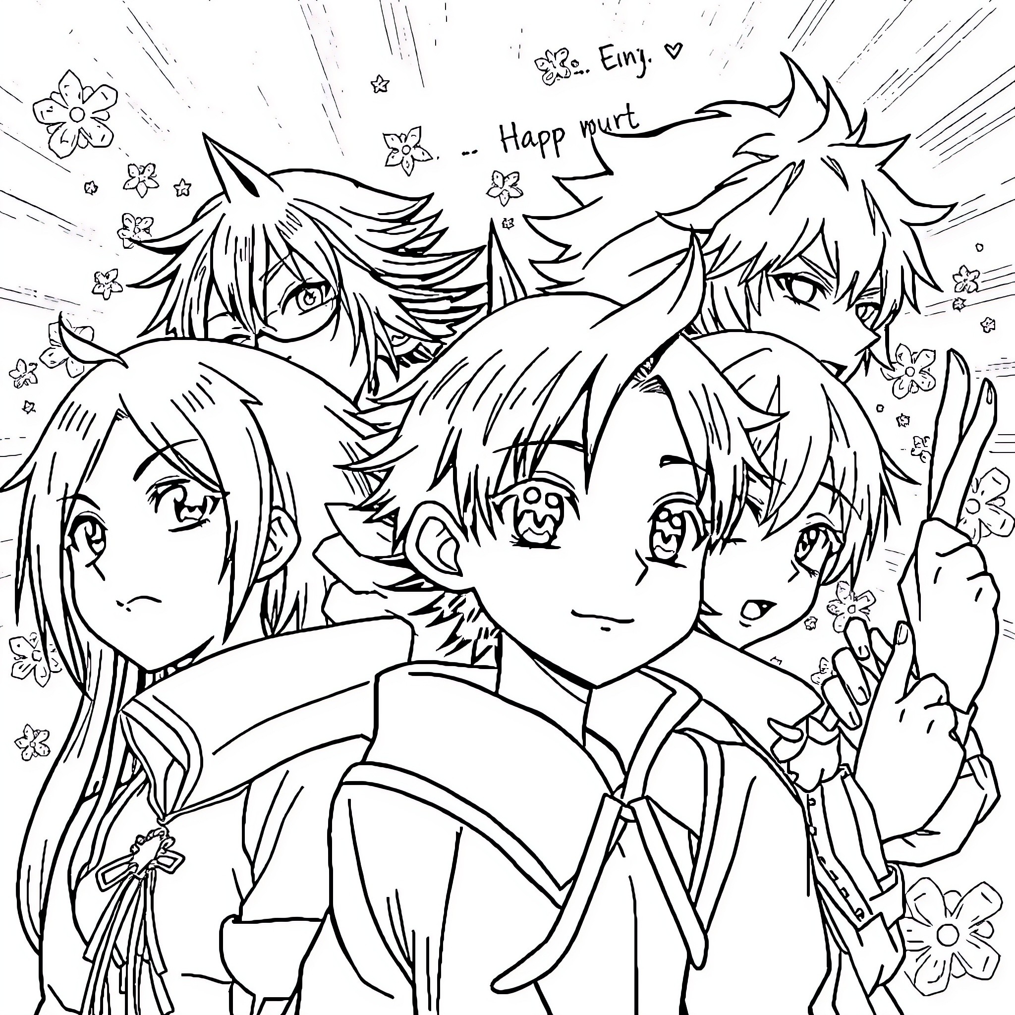 Anime Women Expressing Happiness and Excitement Coloring Page (free black-and-white line drawing printable PDF for all, from beginners to advanced learners, including children, teens, adults, and seniors)