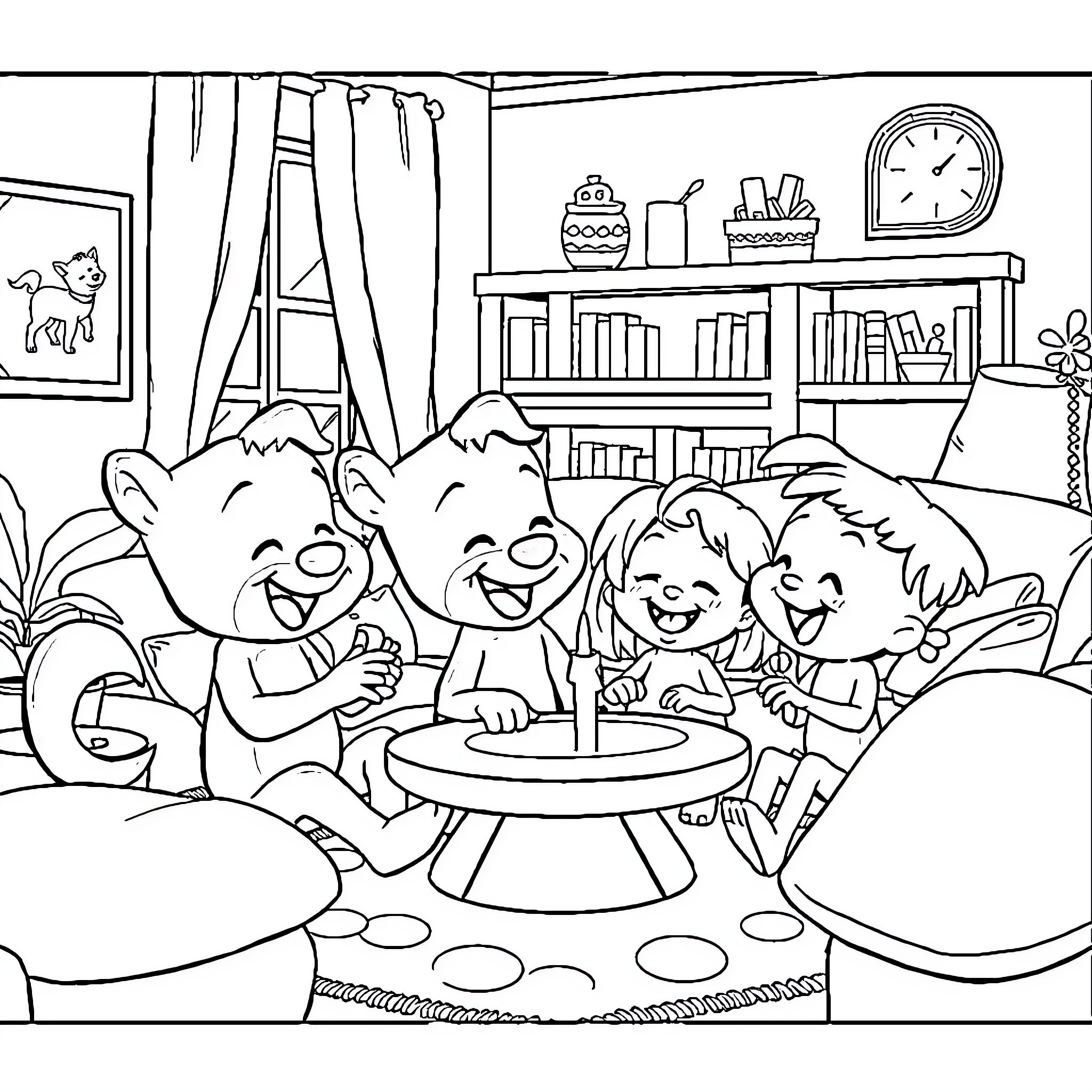 Bluey and friends having a fun playdate indoors Coloring Page (free black-and-white line drawing printable PDF for all, from beginners to advanced learners, including children, teens, adults, and seniors)