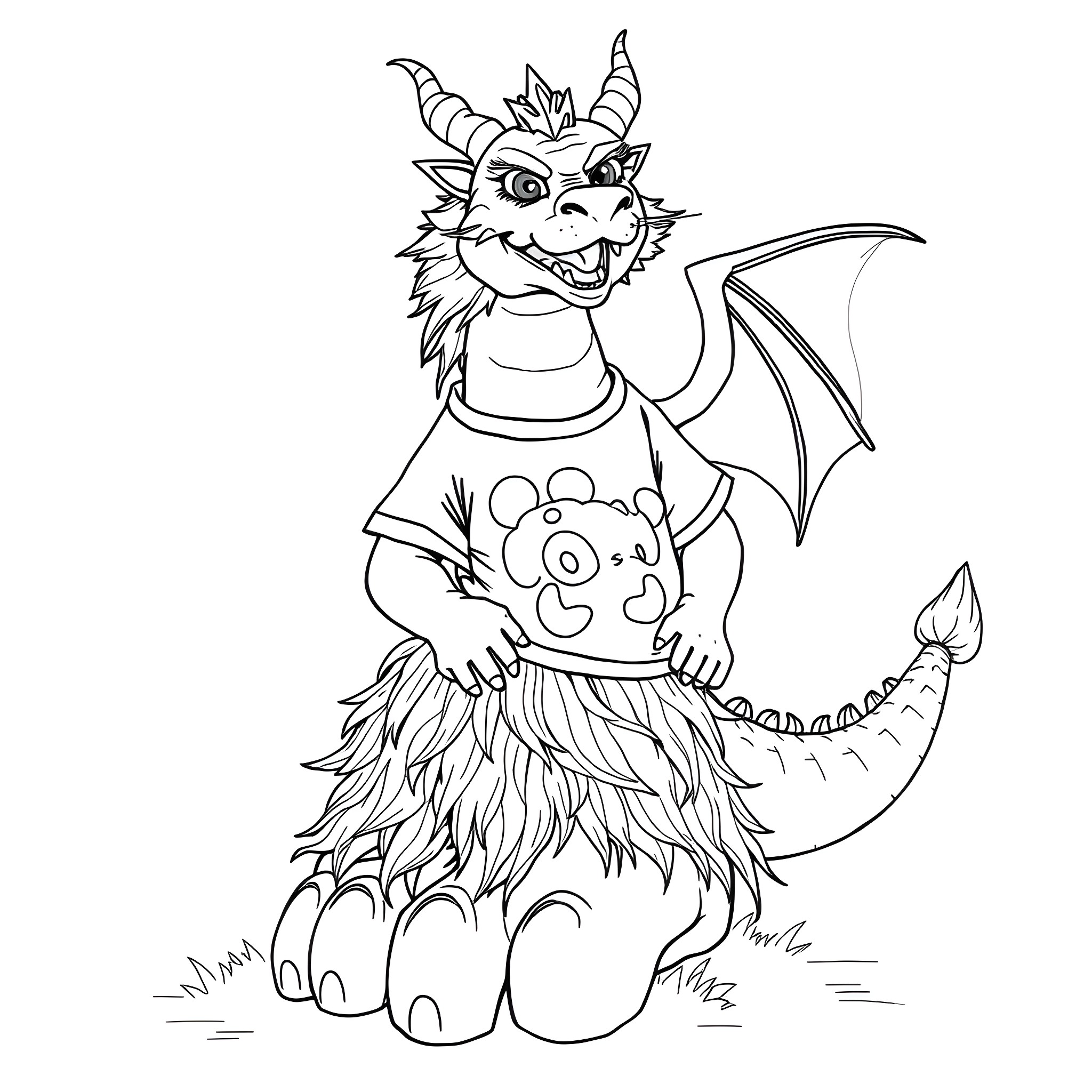 Foot dragon with colorful outfit Coloring Page (free black-and-white line drawing printable PDF for all, from beginners to advanced learners, including children, teens, adults, and seniors)