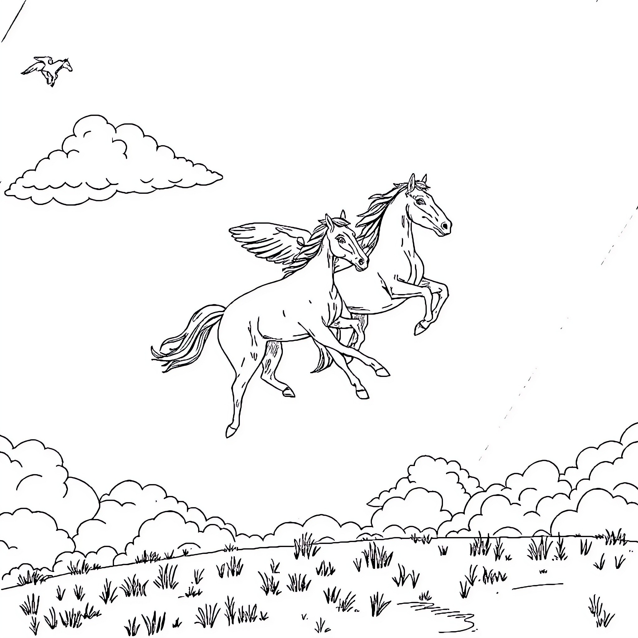 Horse Galloping Freely in Idyllic Landscape Coloring Page (free black-and-white line drawing printable PDF for all, from beginners to advanced learners, including children, teens, adults, and seniors)