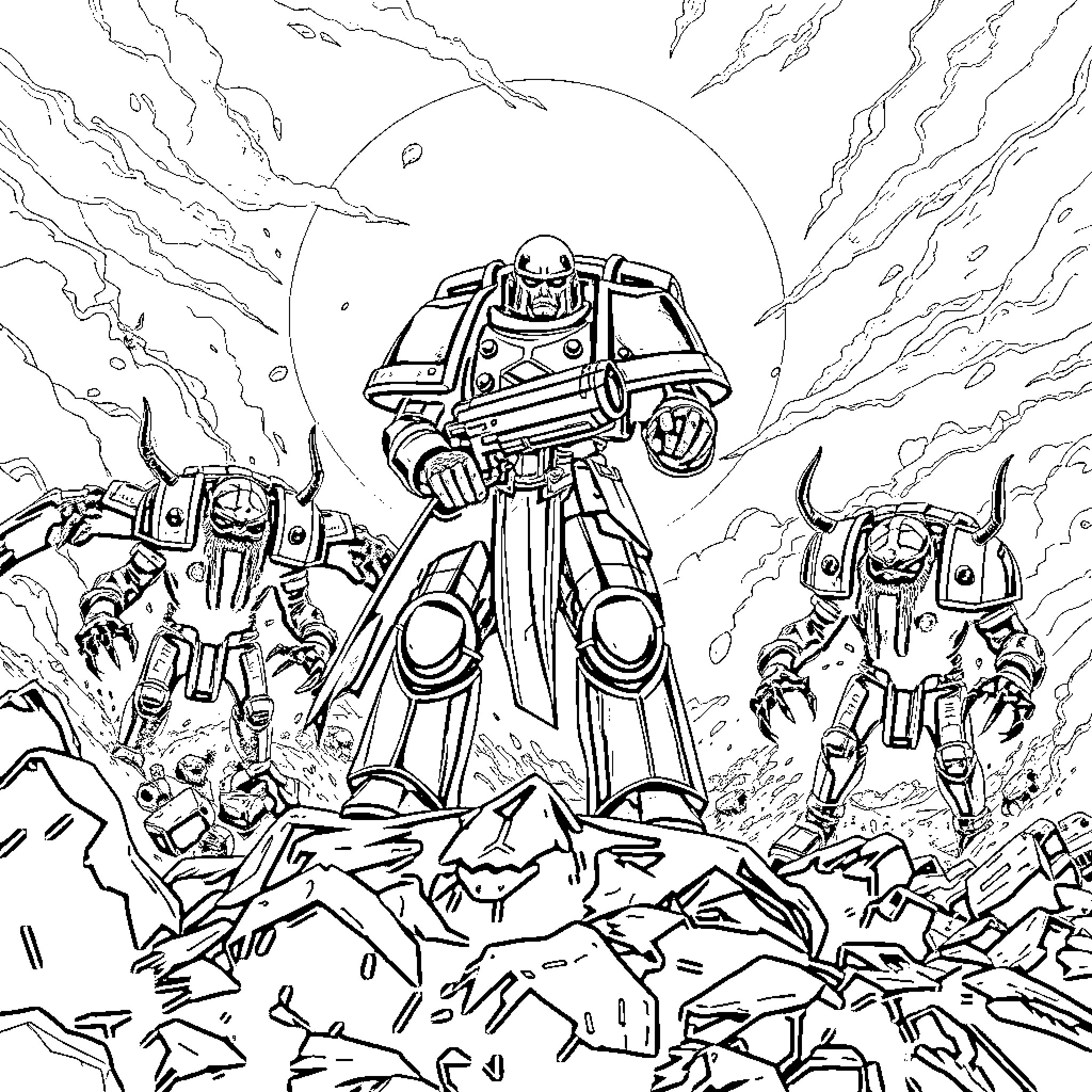 Spacemarines in Heroic Battle Stance Coloring Page (free black-and-white line drawing printable PDF for all, from beginners to advanced learners, including children, teens, adults, and seniors)