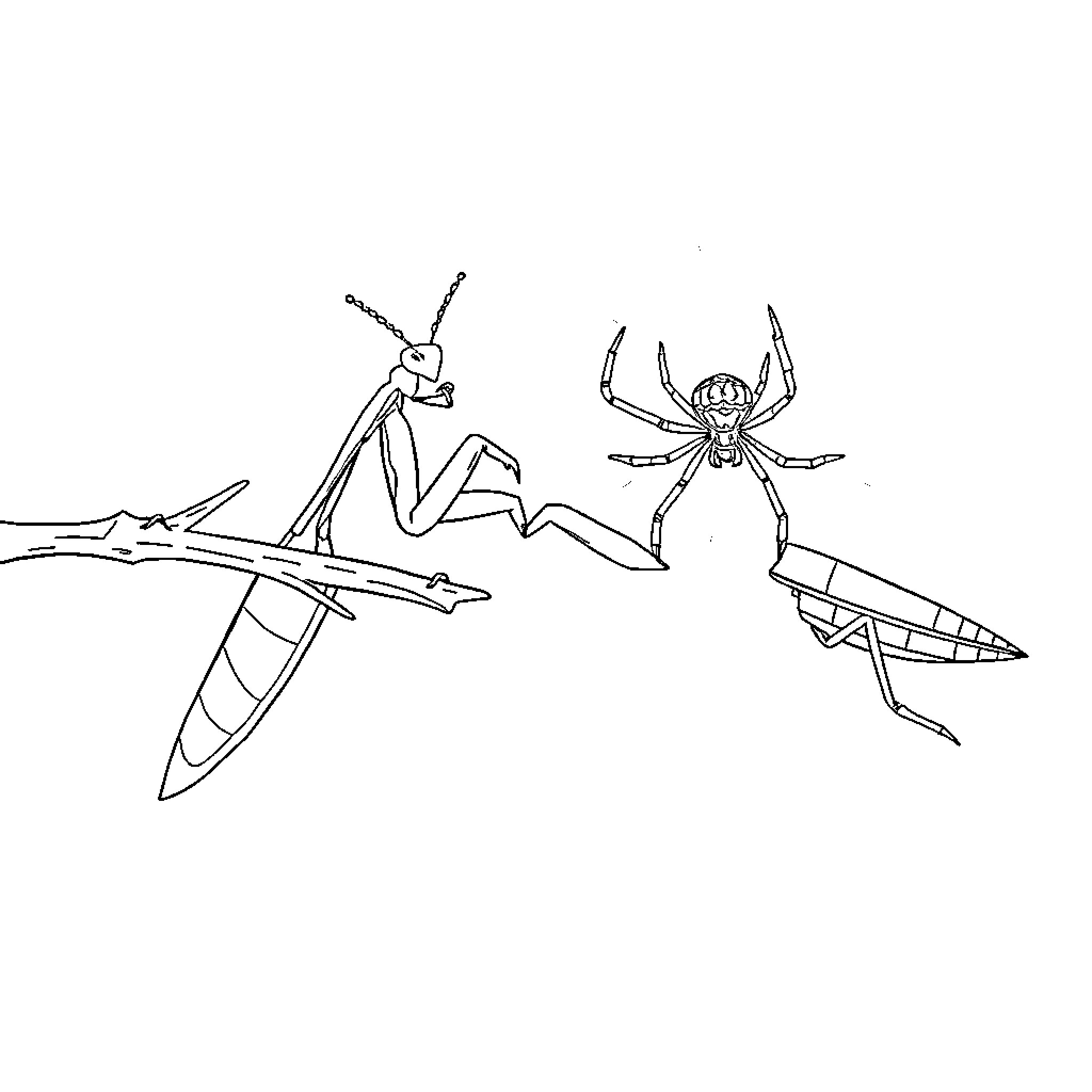 Praying Mantis Interacting with Insects Coloring Page (free black-and-white line drawing printable PDF for all, from beginners to advanced learners, including children, teens, adults, and seniors)