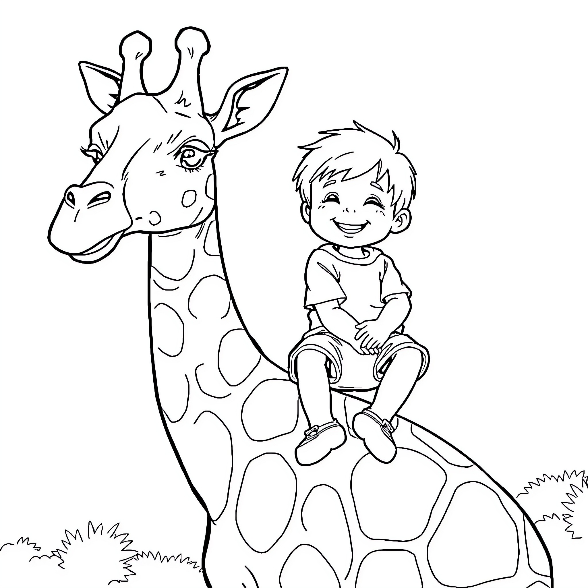 Boy sitting happily with a giraffe Coloring Page (free black-and-white line drawing printable PDF for all, from beginners to advanced learners, including children, teens, adults, and seniors)