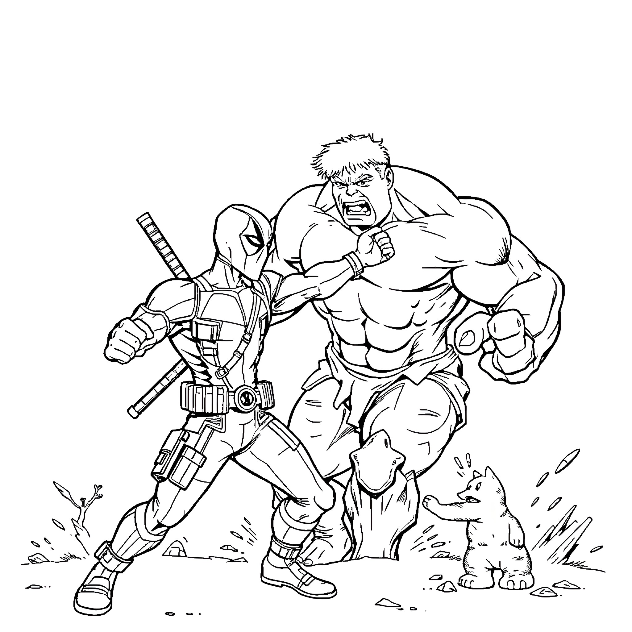 Deadpool and Hulk in an intense battle Coloring Page (free black-and-white line drawing printable PDF for all, from beginners to advanced learners, including children, teens, adults, and seniors)