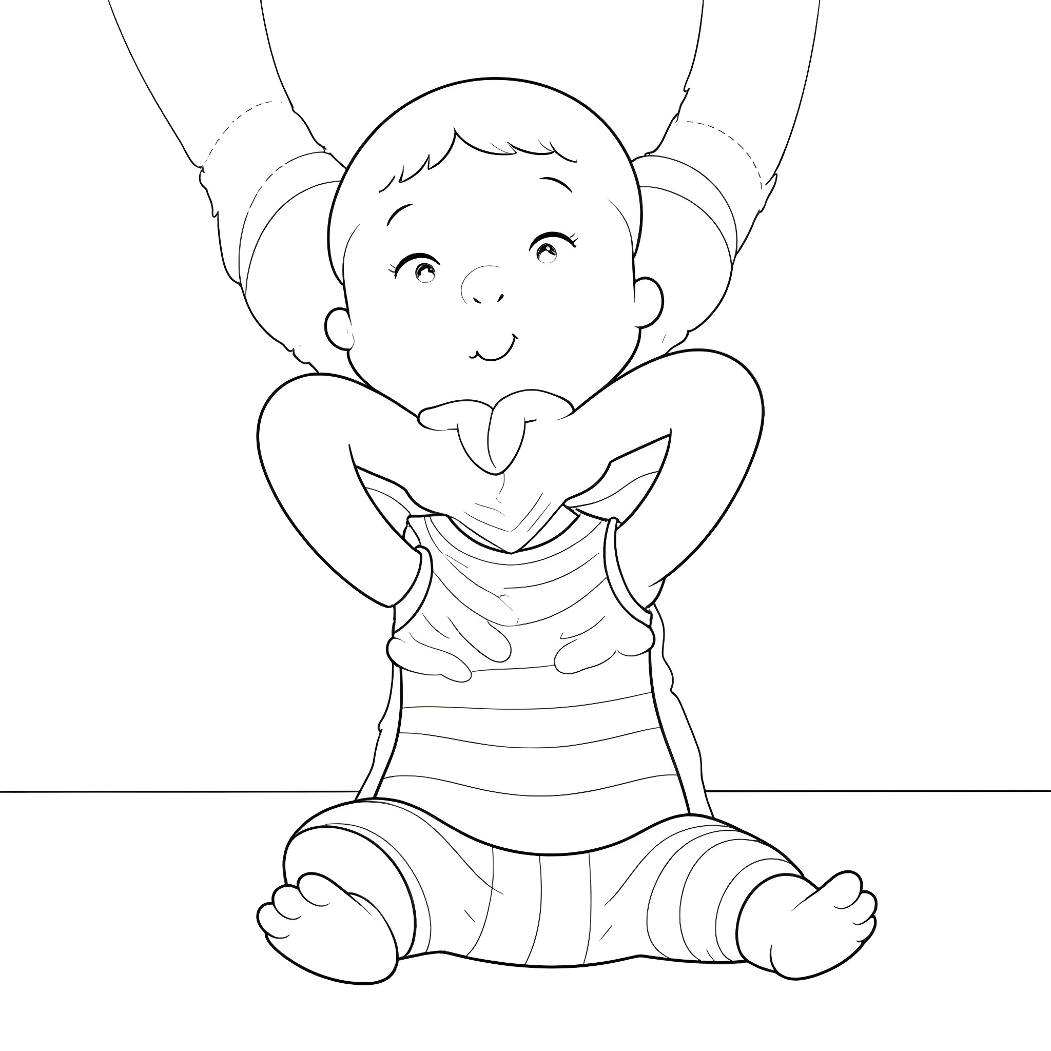 Baby playing joyfully with colorful ribbons Coloring Page (free black-and-white line drawing printable PDF for all, from beginners to advanced learners, including children, teens, adults, and seniors)