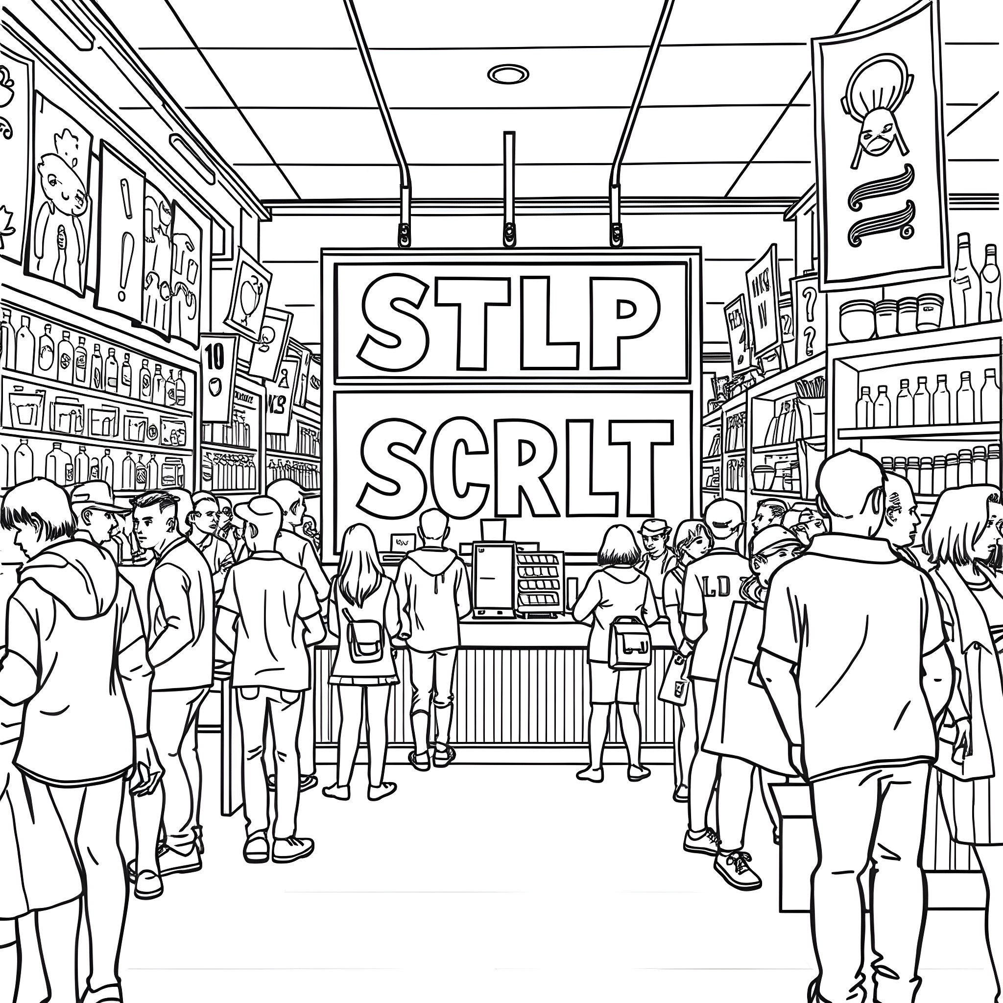 No Refund in Crowded Store with STLP SCRLT Sign Coloring Page (free black-and-white line drawing printable PDF for all, from beginners to advanced learners, including children, teens, adults, and seniors)