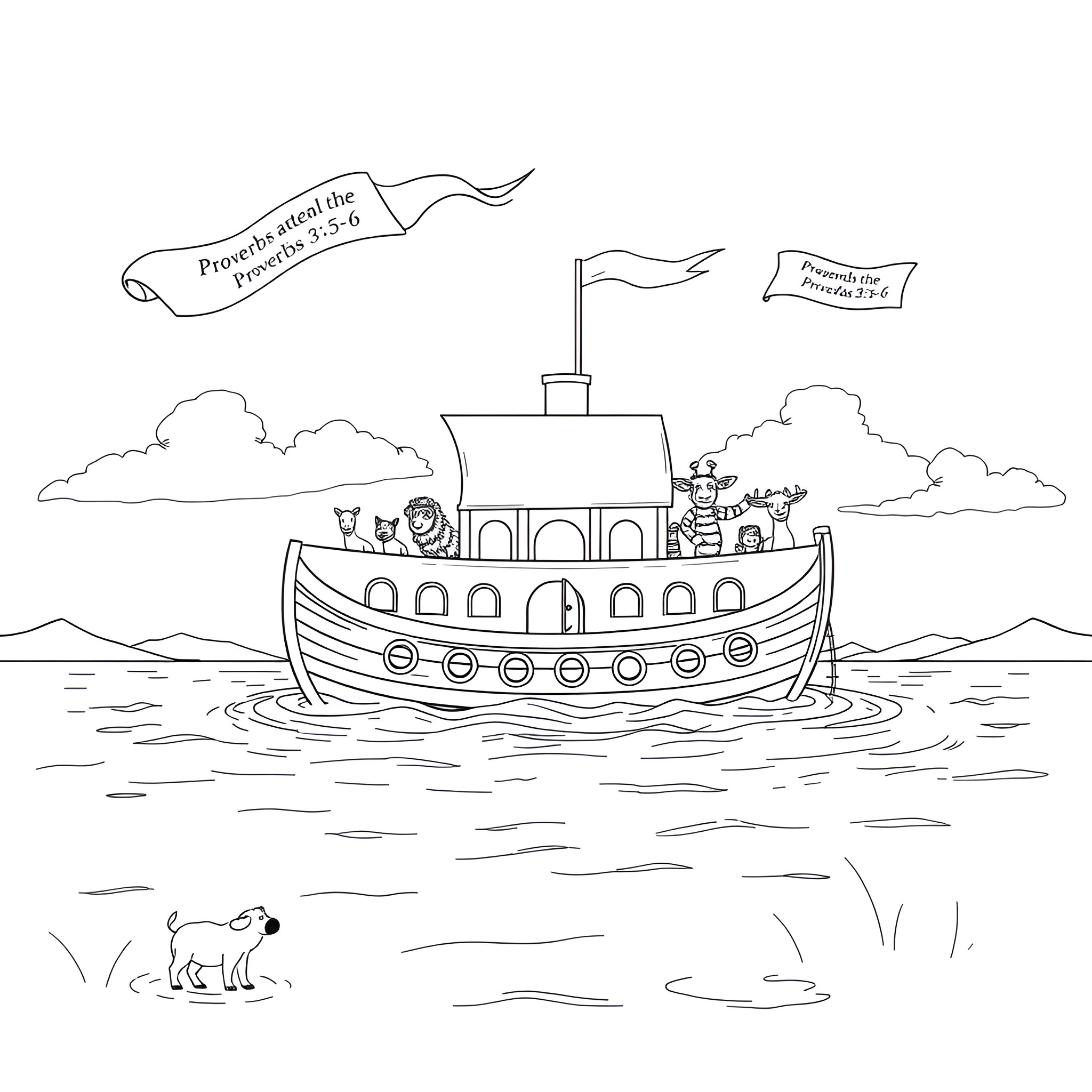 Noah's Ark Carrying Animals and Bible Verse Banners Coloring Page (free black-and-white line drawing printable PDF for all, from beginners to advanced learners, including children, teens, adults, and seniors)