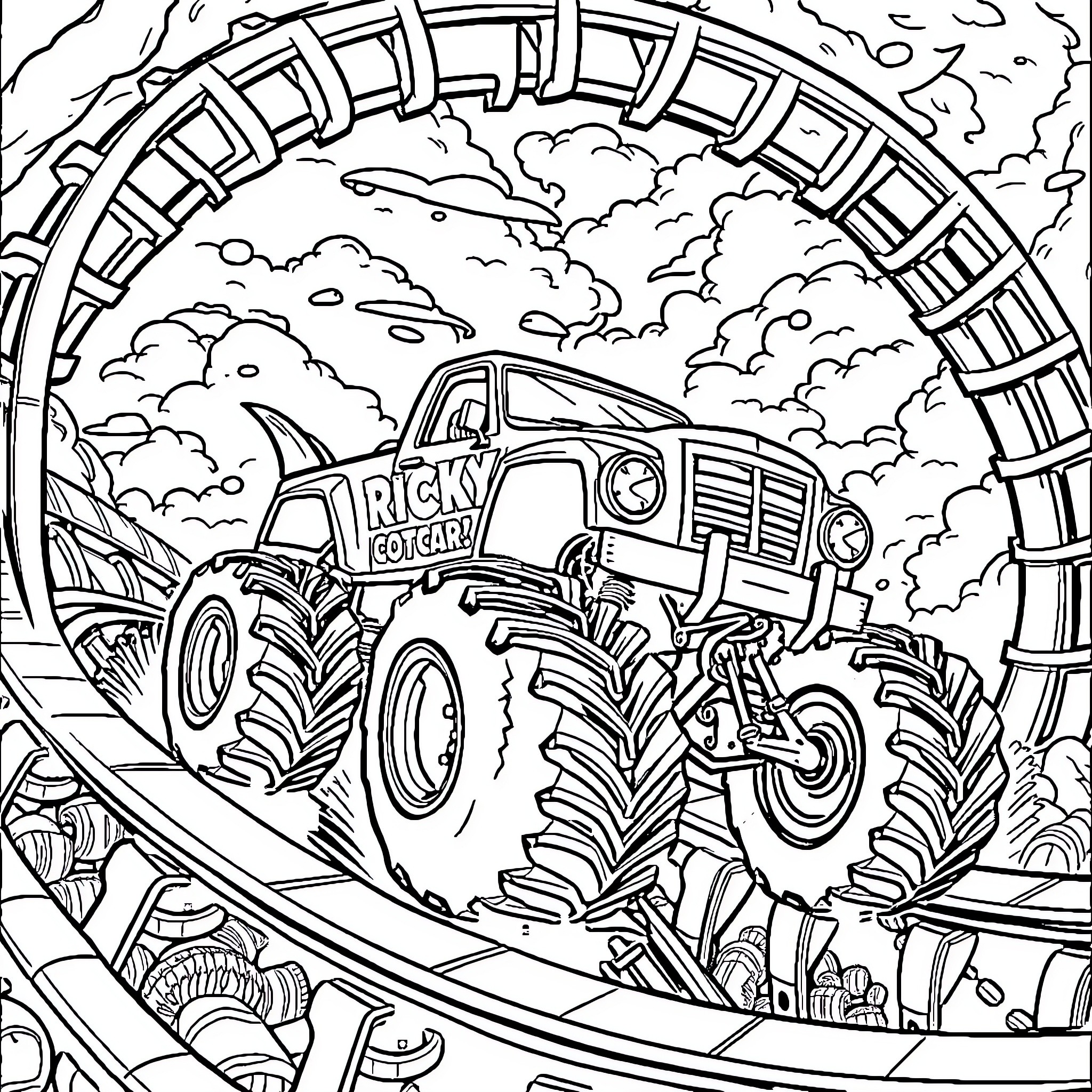 Monster Truck Racing through Obstacle Course Coloring Page (free black-and-white line drawing printable PDF for all, from beginners to advanced learners, including children, teens, adults, and seniors)