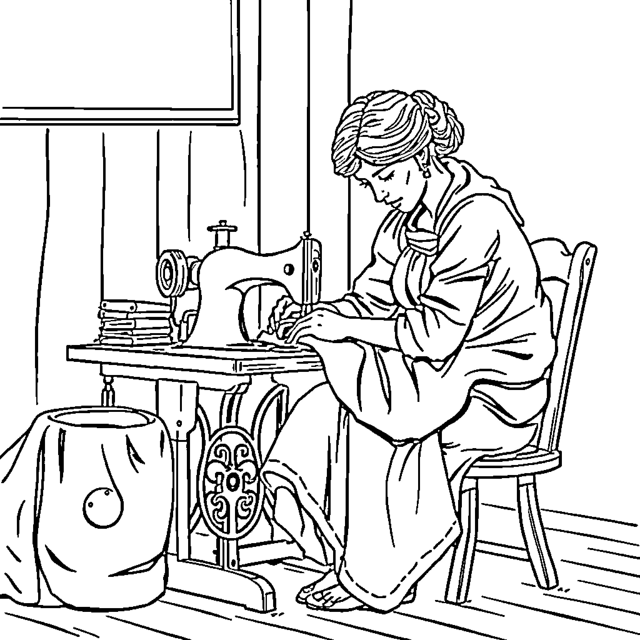 Lady sewing diligently in her workshop Coloring Page (free black-and-white line drawing printable PDF for all, from beginners to advanced learners, including children, teens, adults, and seniors)