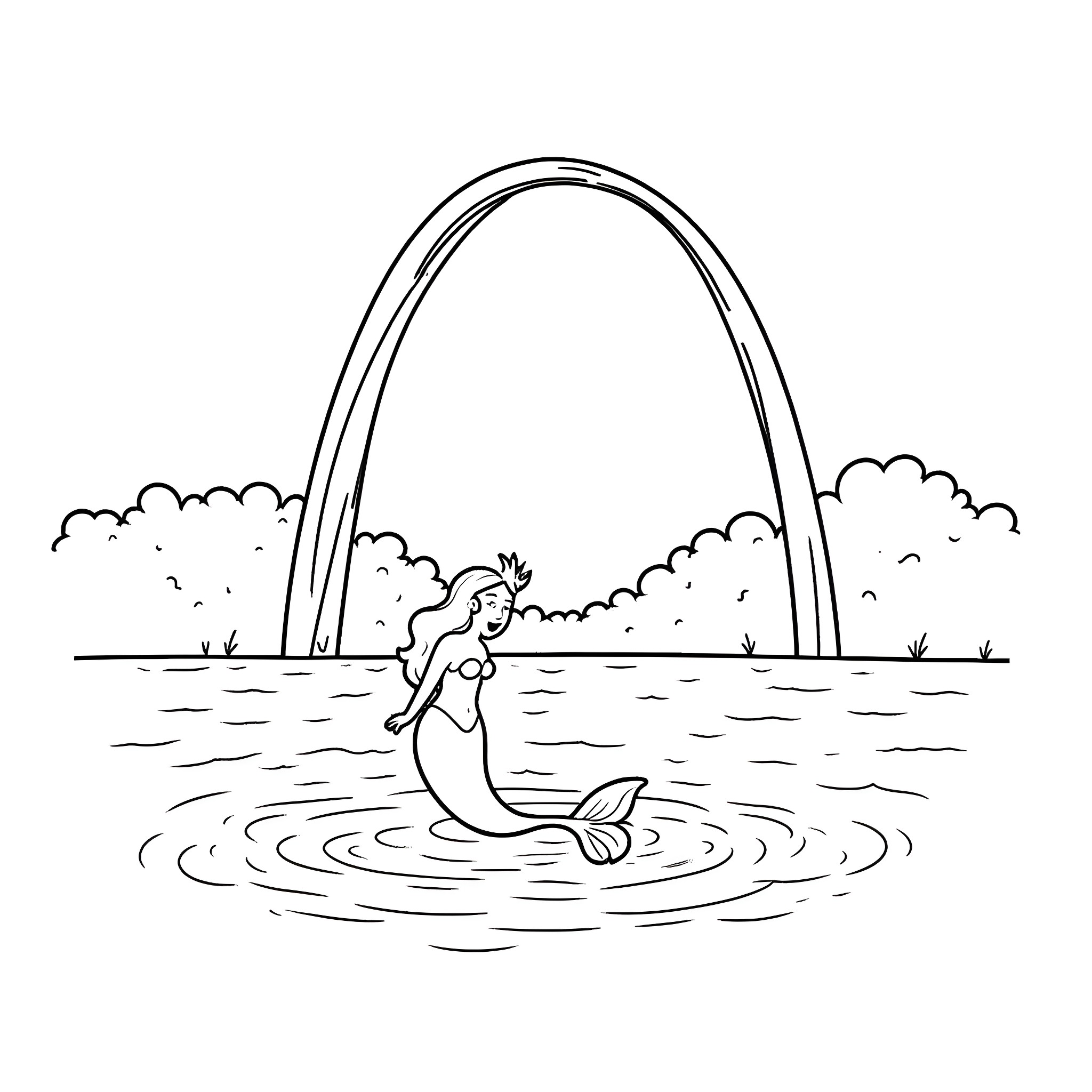 Mermaid emerging from the water with a graceful arc Coloring Page (free black-and-white line drawing printable PDF for all, from beginners to advanced learners, including children, teens, adults, and seniors)