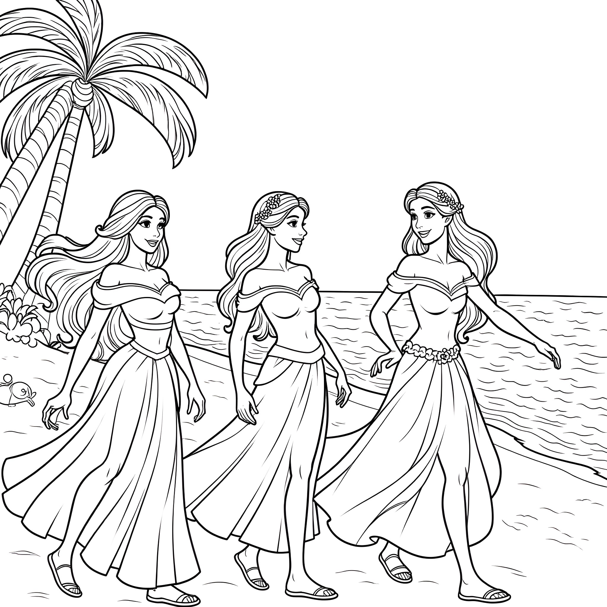 Disney Princesses Enjoying a Beach Vacation Coloring Page (free black-and-white line drawing printable PDF for all, from beginners to advanced learners, including children, teens, adults, and seniors)