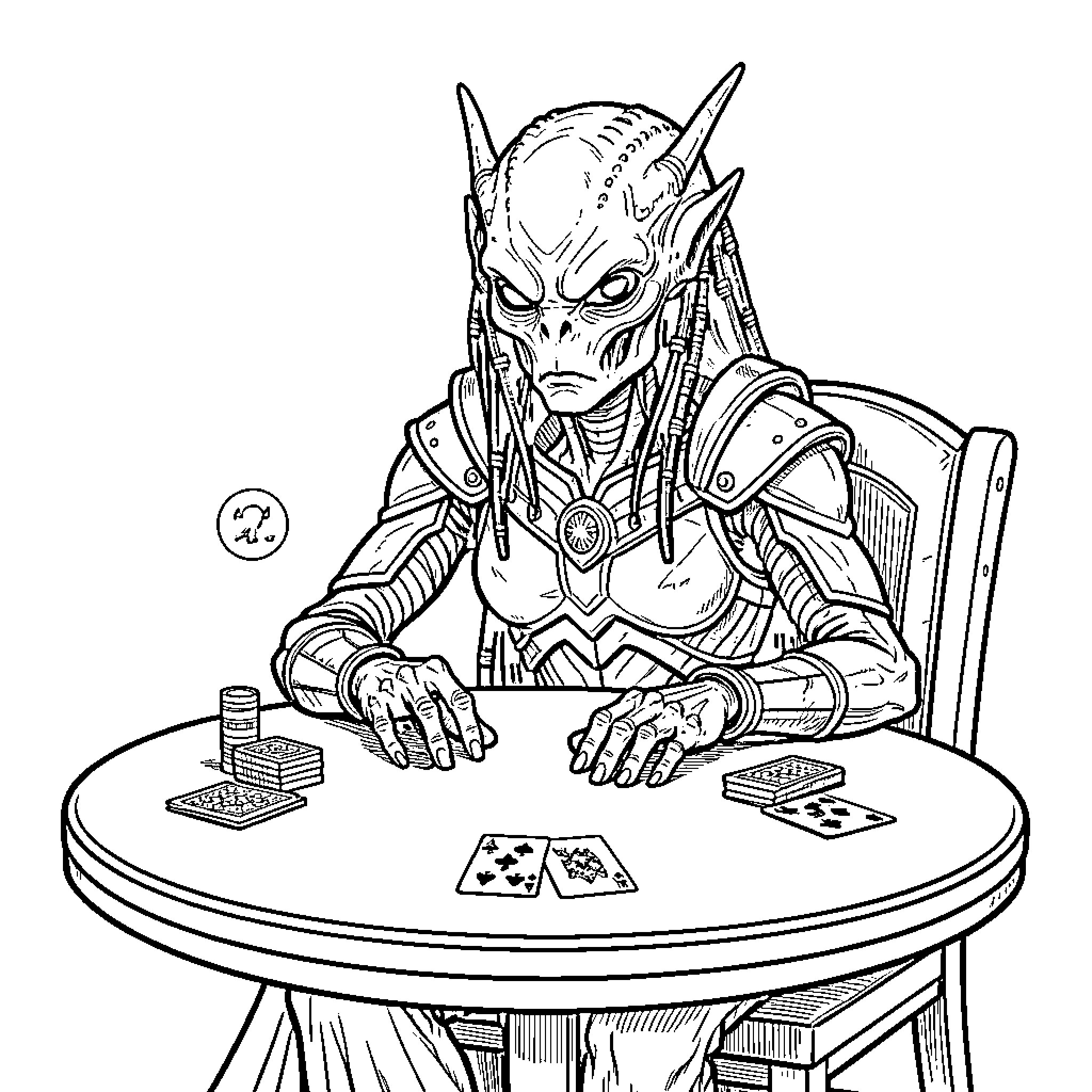 Alien Queen playing a card game at a table Coloring Page (free black-and-white line drawing printable PDF for all, from beginners to advanced learners, including children, teens, adults, and seniors)