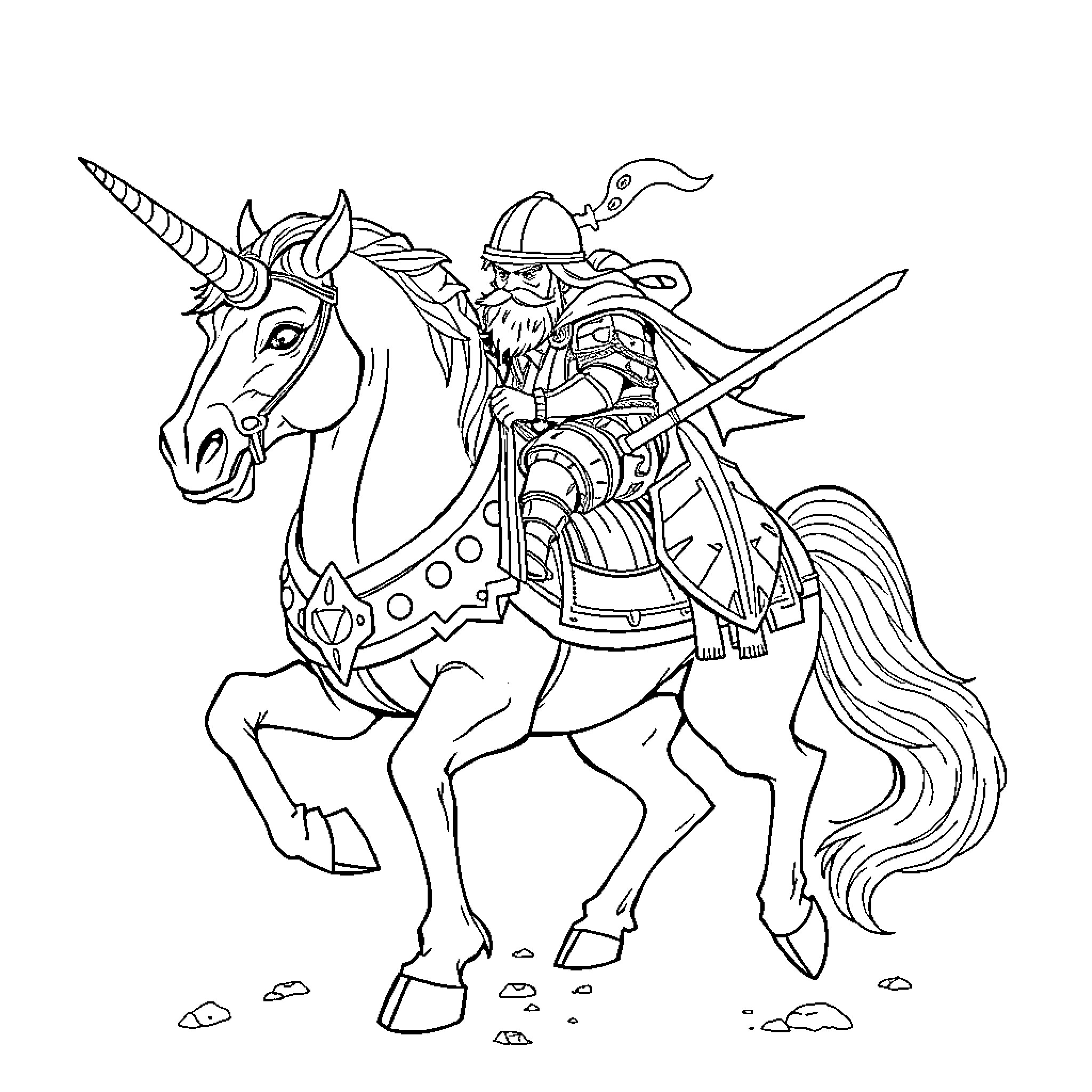 Unicorn Knight Riding into Battle Coloring Page (free black-and-white line drawing printable PDF for all, from beginners to advanced learners, including children, teens, adults, and seniors)