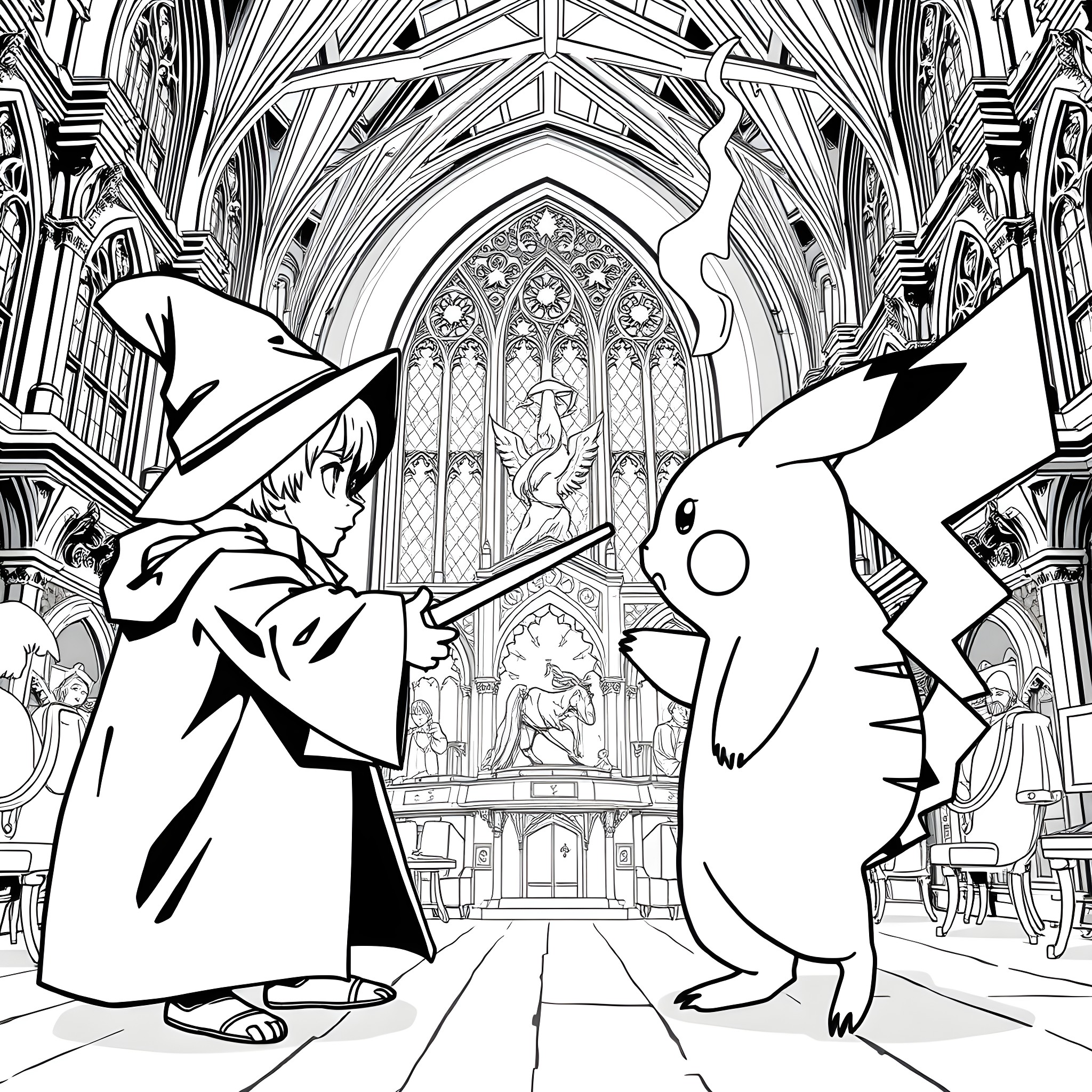 Pikachu and Wizarding Companion in an Enchanted Cathedral Coloring Page (free black-and-white line drawing printable PDF for all, from beginners to advanced learners, including children, teens, adults, and seniors)