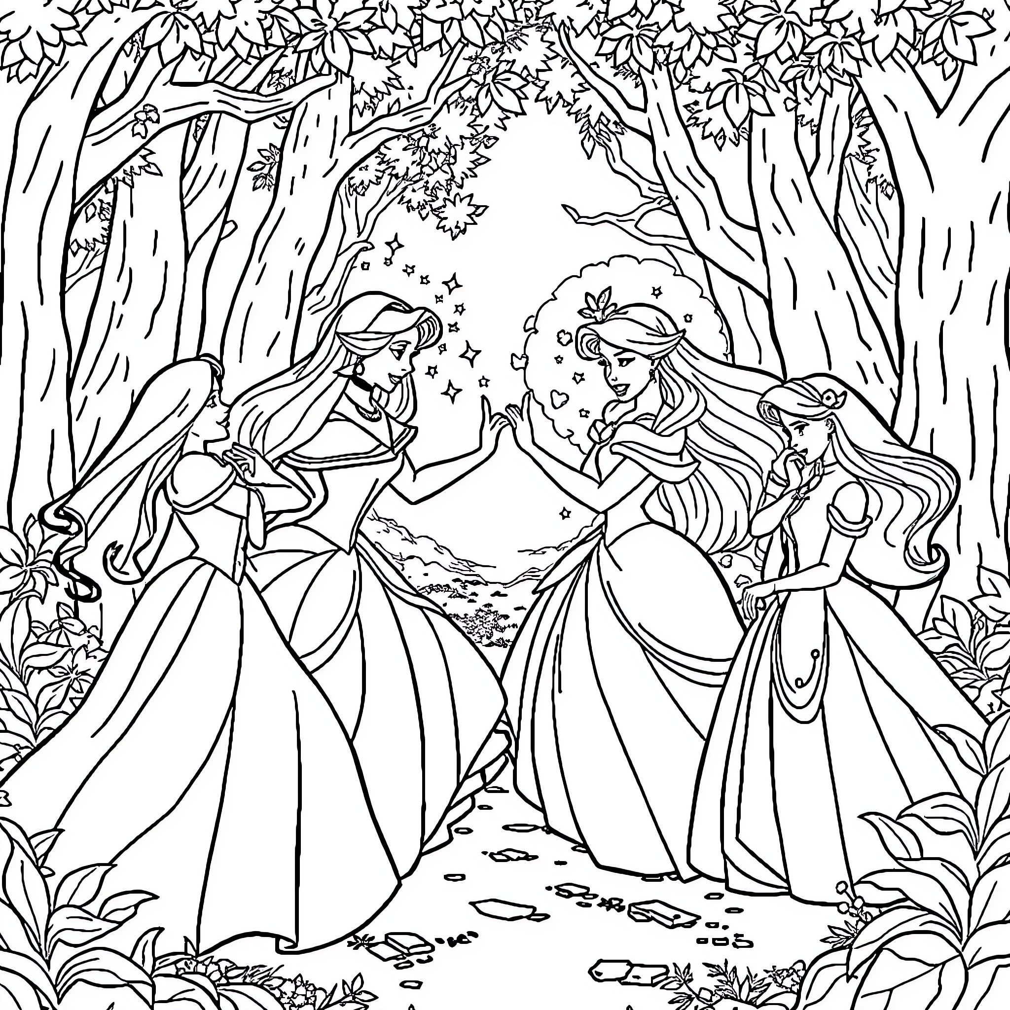 Disney Princess Fairy Tale Adventure in the Enchanted Forest Coloring Page (free black-and-white line drawing printable PDF for all, from beginners to advanced learners, including children, teens, adults, and seniors)