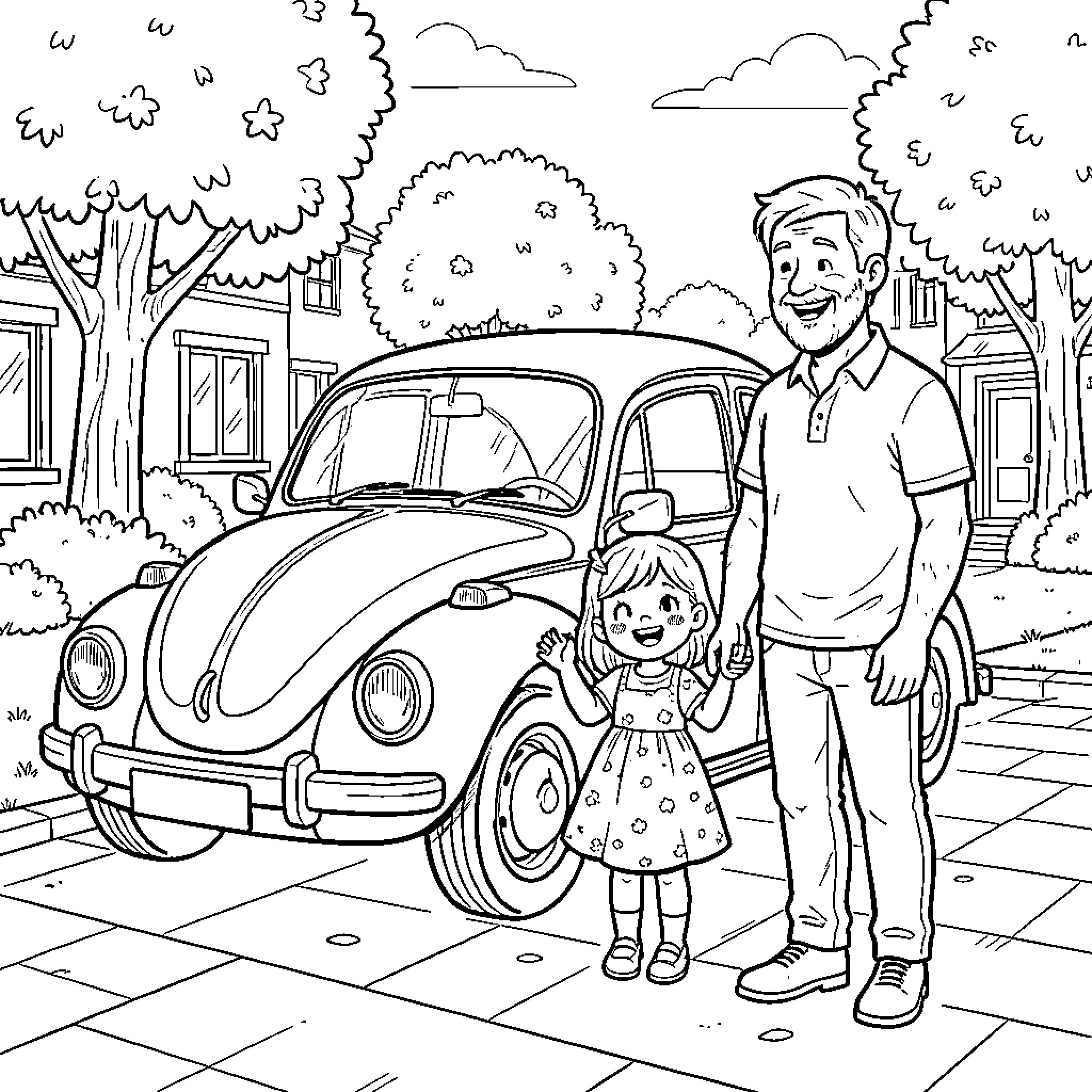 Coccinelle parked with a smiling man and young girl Coloring Page (free black-and-white line drawing printable PDF for all, from beginners to advanced learners, including children, teens, adults, and seniors)