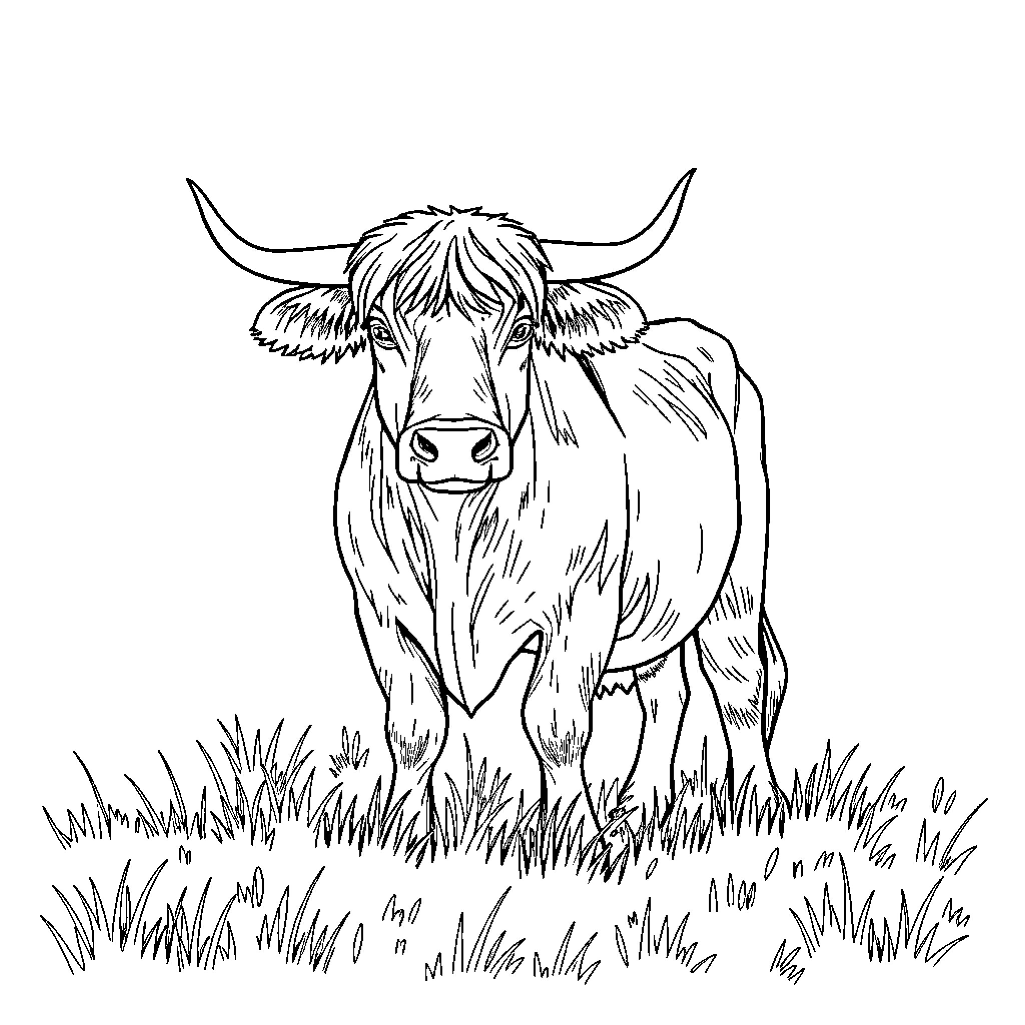 Ox standing amidst tall grass in rural setting Coloring Page (free black-and-white line drawing printable PDF for all, from beginners to advanced learners, including children, teens, adults, and seniors)
