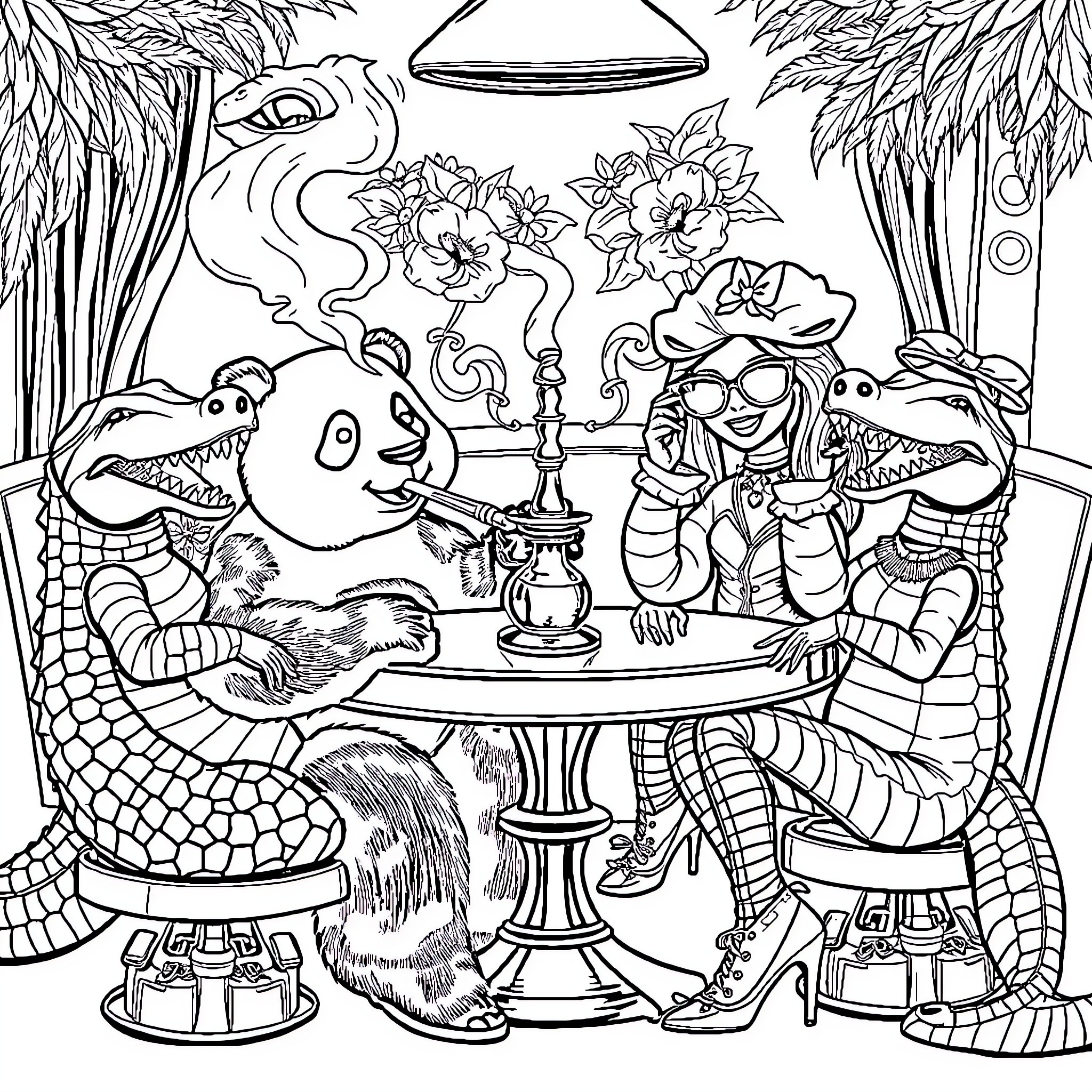 Panda Enjoying a Whimsical Tea Party with Reptilian Friends Coloring Page (free black-and-white line drawing printable PDF for all, from beginners to advanced learners, including children, teens, adults, and seniors)