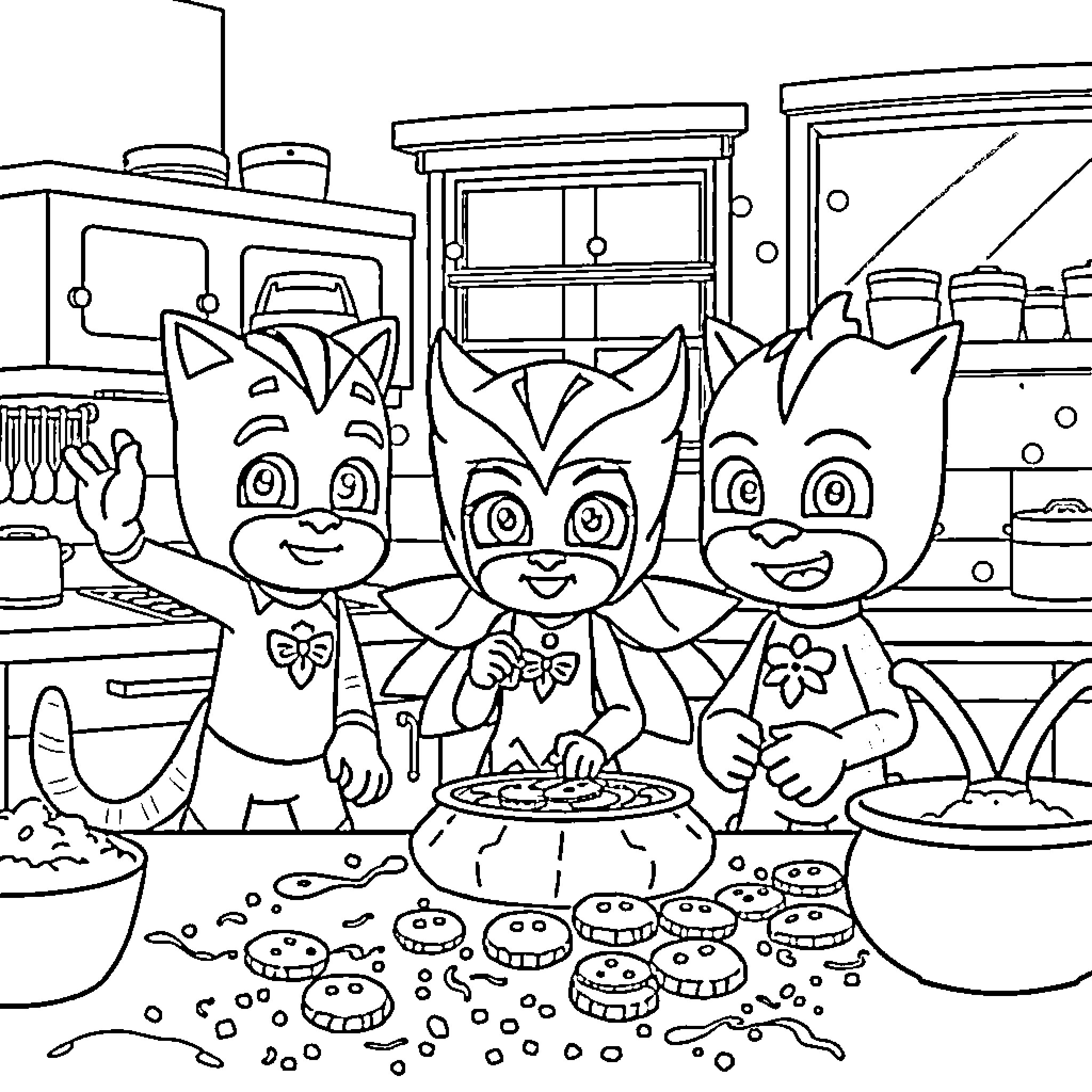 Pj Masks characters in the kitchen cooking Coloring Page (free black-and-white line drawing printable PDF for all, from beginners to advanced learners, including children, teens, adults, and seniors)