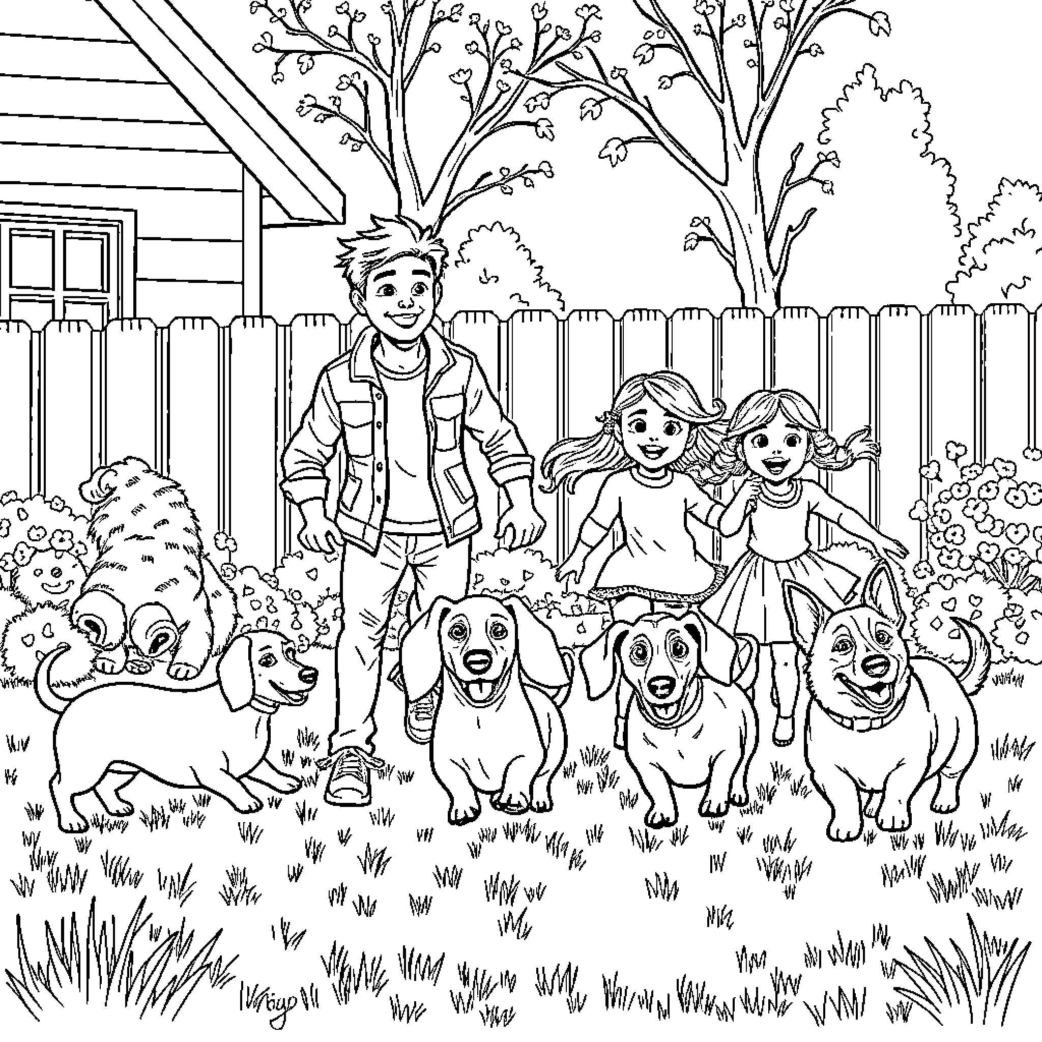 Family playing with dogs in the backyard Coloring Page (free black-and-white line drawing printable PDF for all, from beginners to advanced learners, including children, teens, adults, and seniors)