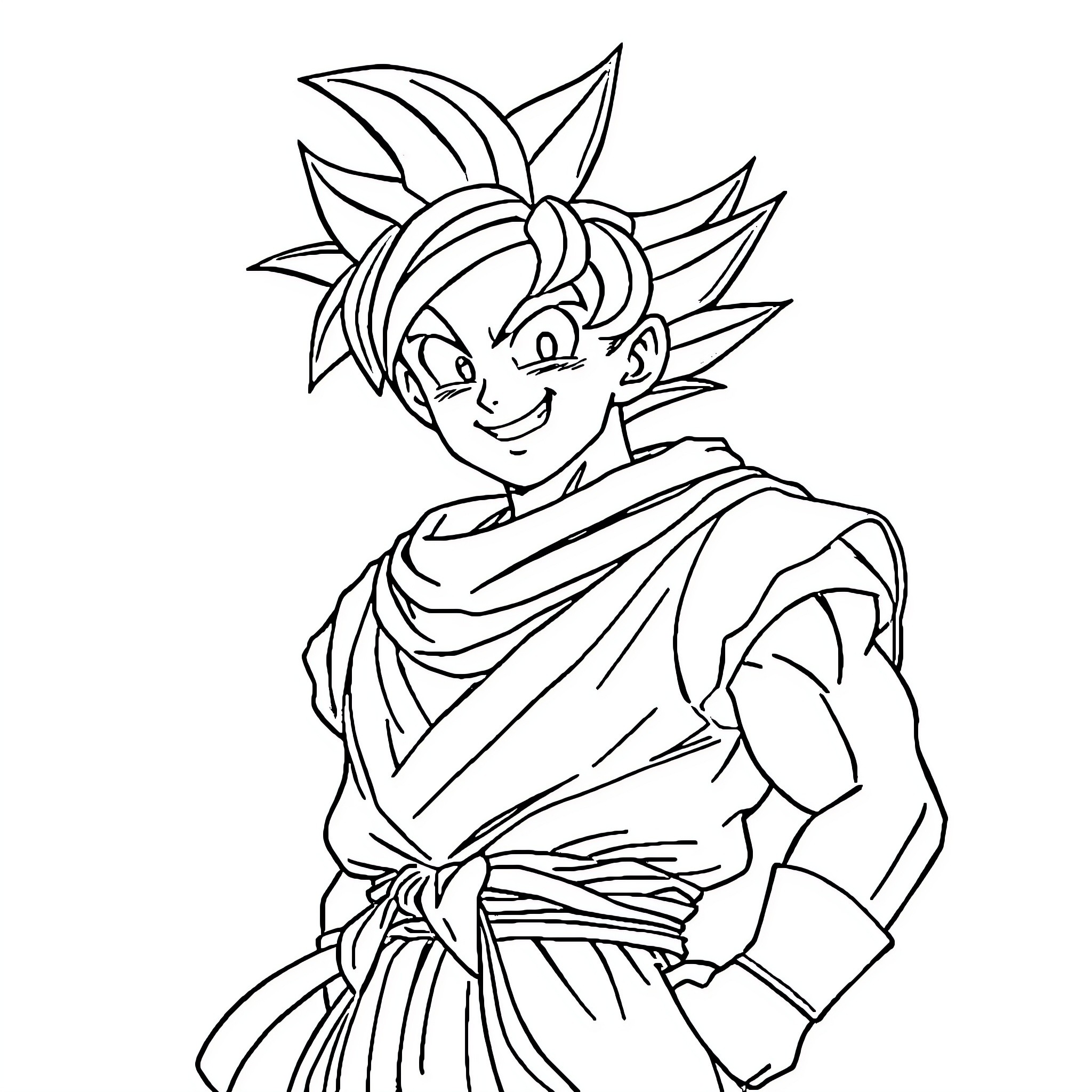 Son Goku striking a heroic pose Coloring Page (free black-and-white line drawing printable PDF for all, from beginners to advanced learners, including children, teens, adults, and seniors)