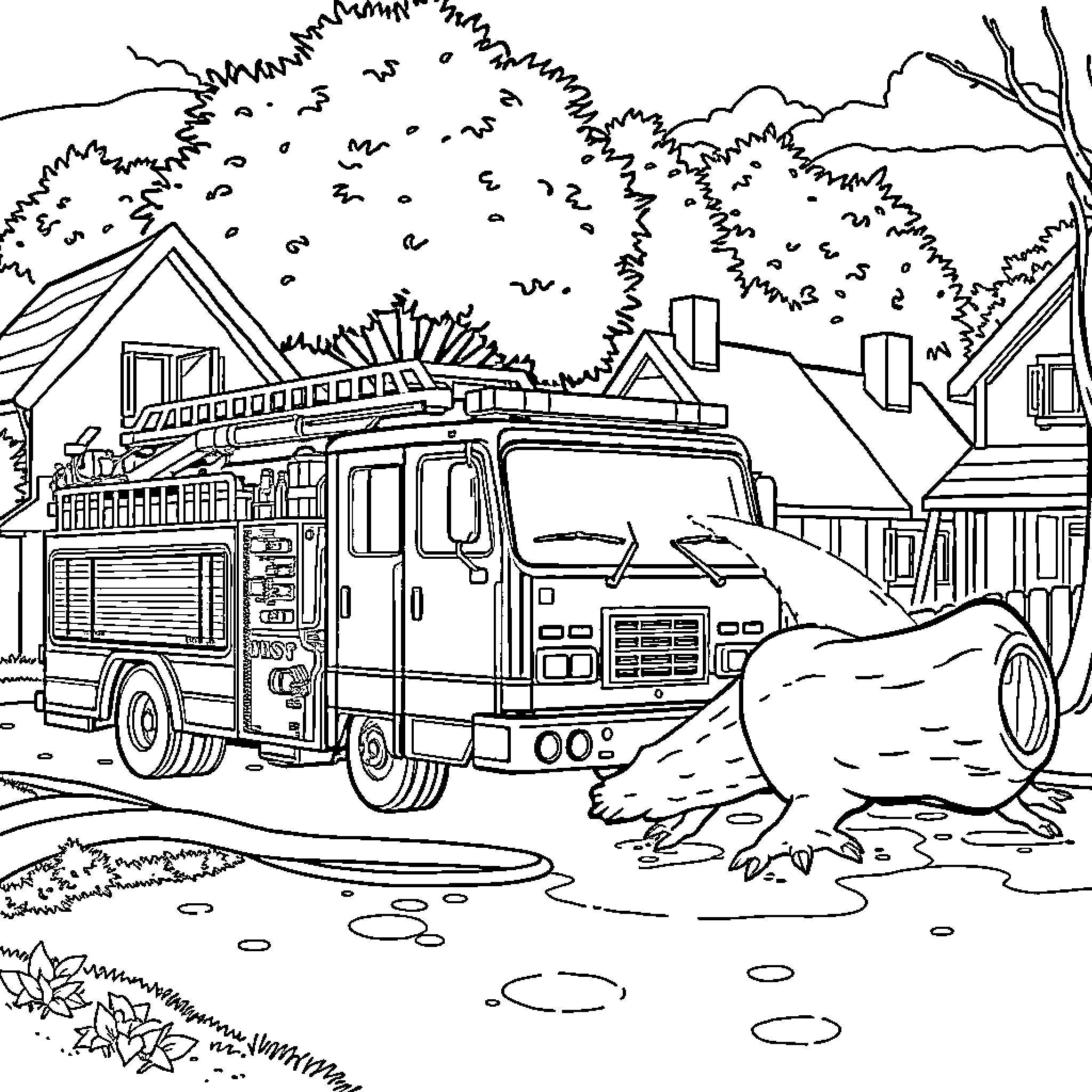 Firetruck responding to an emergency in a neighborhood Coloring Page (free black-and-white line drawing printable PDF for all, from beginners to advanced learners, including children, teens, adults, and seniors)